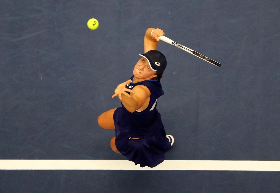 Poland's Iga Swiatek in action during the singles final against Czech Republic's Barbora Krejcikova  at the CEZ Arena in Ostrava, Czech Republic on Oct. 9, 2022.
