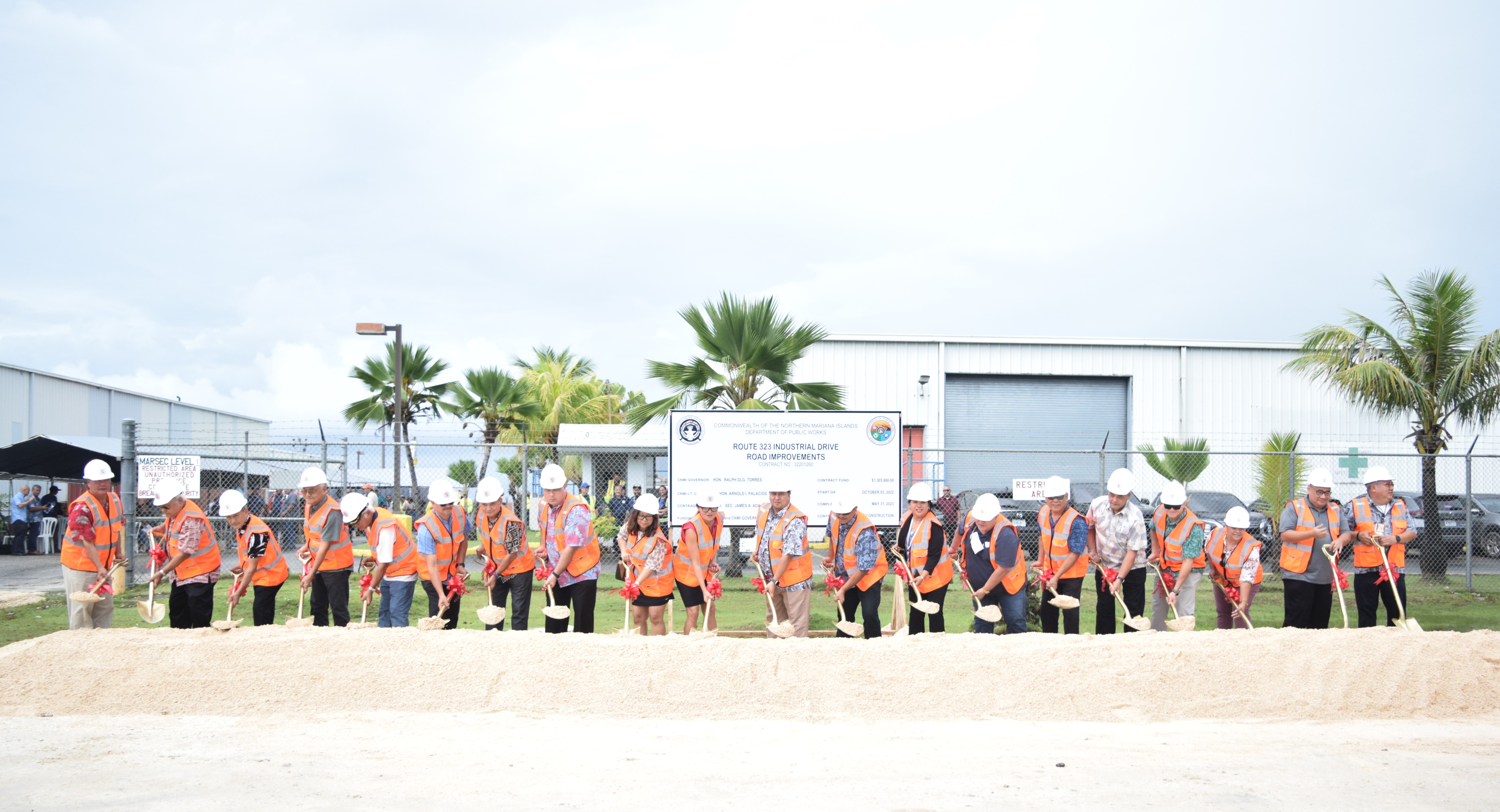 Gov. Ralph DLG Torres and Commonwealth Ports Authority Board Chair Kimberlyn King-Hinds center, join lawmakers, other CPA and administration officials in a groundbreaking ceremony for the Industrial Drive road improvement project near the Port of Saipan in Puerto Rico on Thursday.