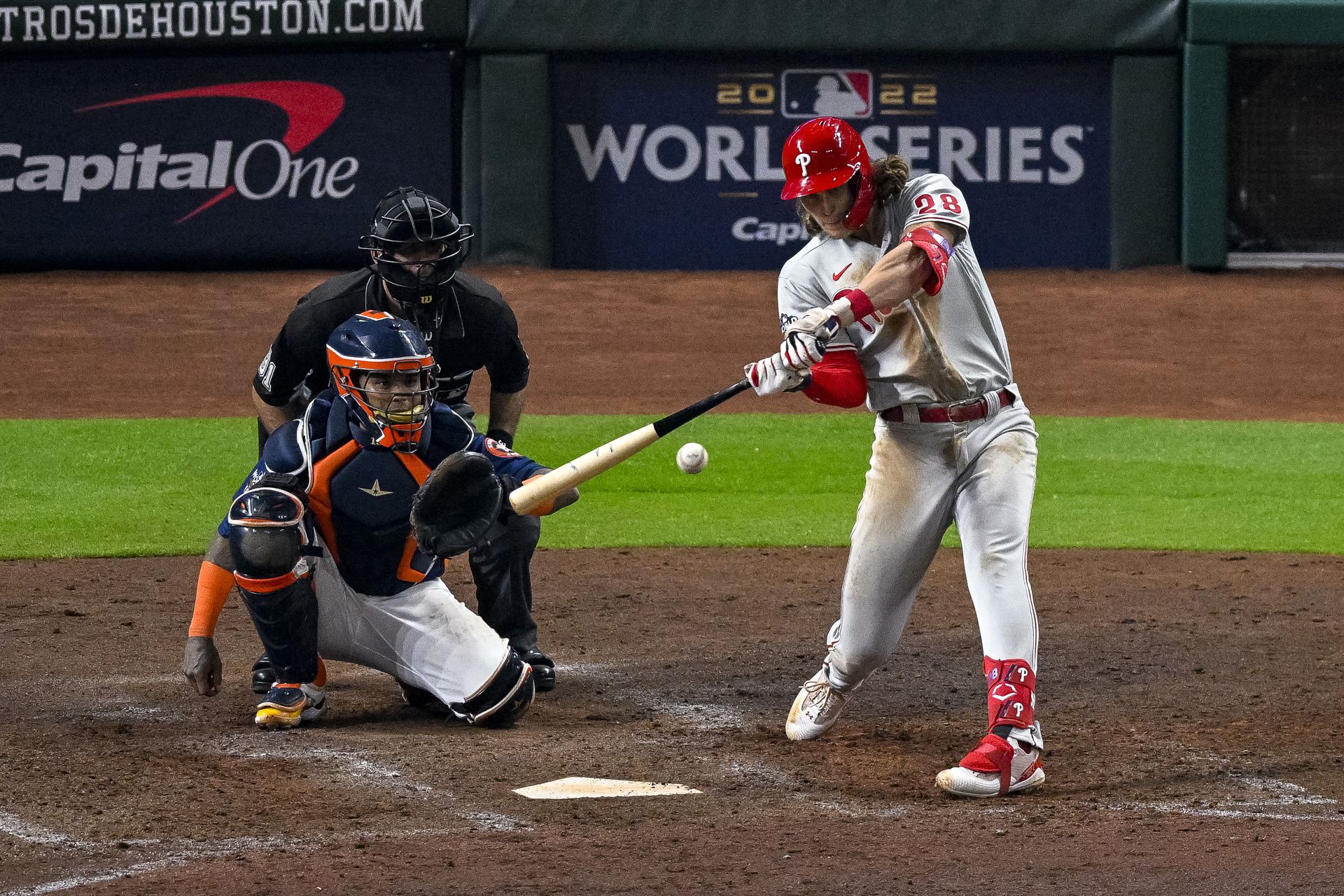 Philadelphia Phillies third baseman Alec Bohm (28) hits a double against the Houston Astros during the ninth inning during game two of the 2022 World Series at Minute Maid Park in Houston, Texas,  Oct. 29, 2022.