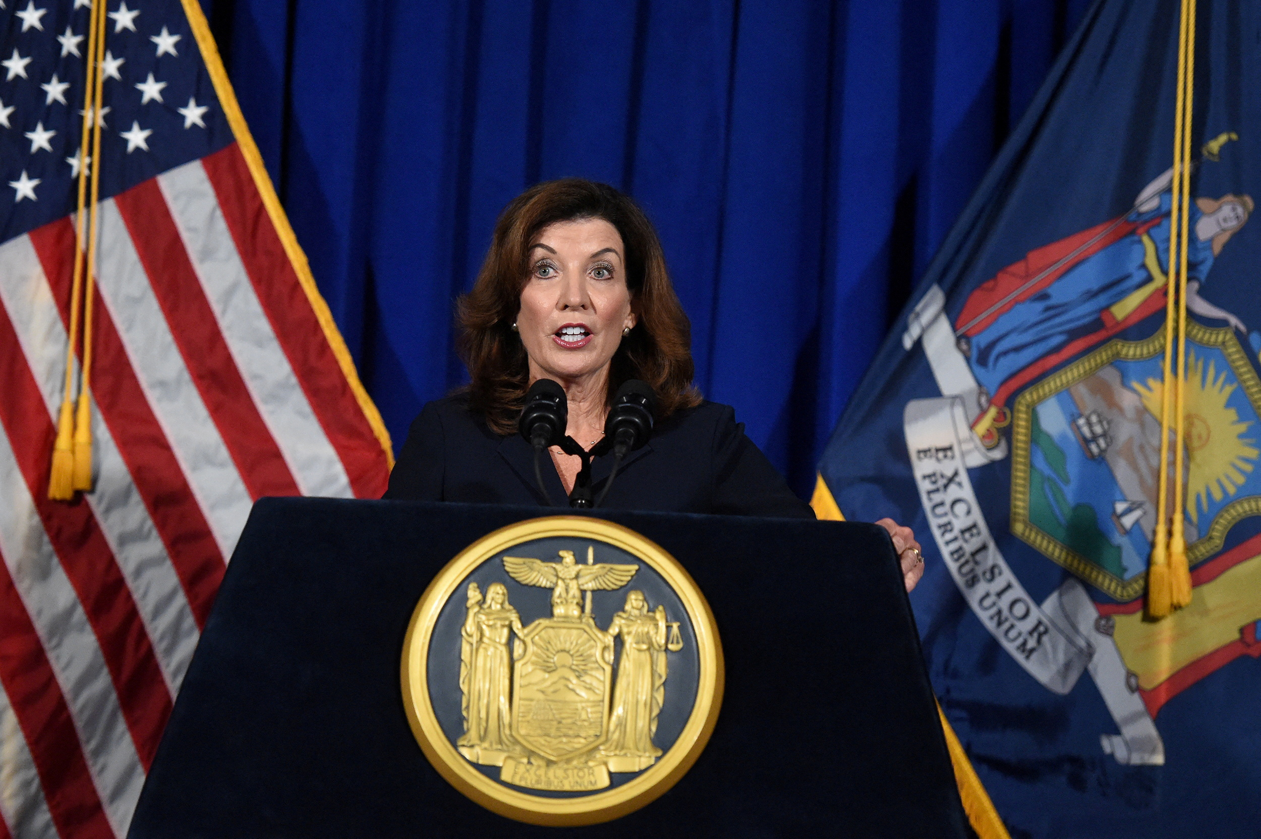 Then-New York Lt. Gov. Kathy Hochul speaks during a news conference at the New York State Capitol, in Albany, New York, Aug. 11, 2021.