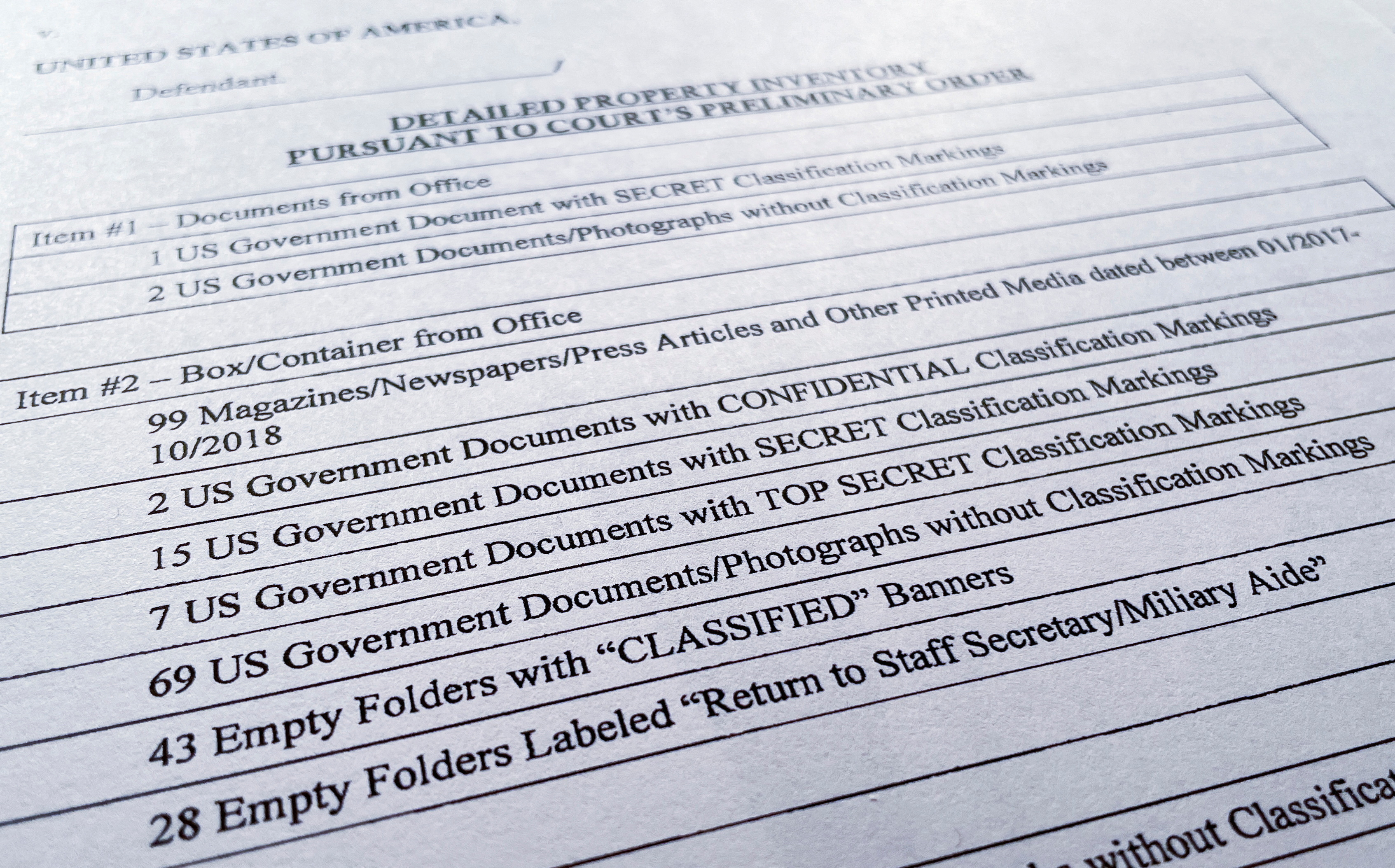 A detailed property inventory of documents and other items seized from former President Donald Trump's Mar-a-Lago estate shows the seizure of dozens of empty folders marked "Classified" or marked that they were to be returned to the president's staff assistant or military aide after the inventory was released to the public by the U.S. District Court for the Southern District of Florida in West Palm Beach, Florida, Sept. 2, 2022.