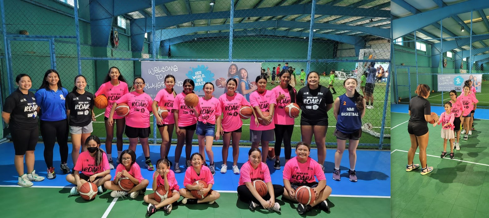 Photos show the participants and facilitators of the Her World Her Rules program posing for a group photo, left, and getting ready to perform drills at the Gillette Multi-Purpose Gymnasium.