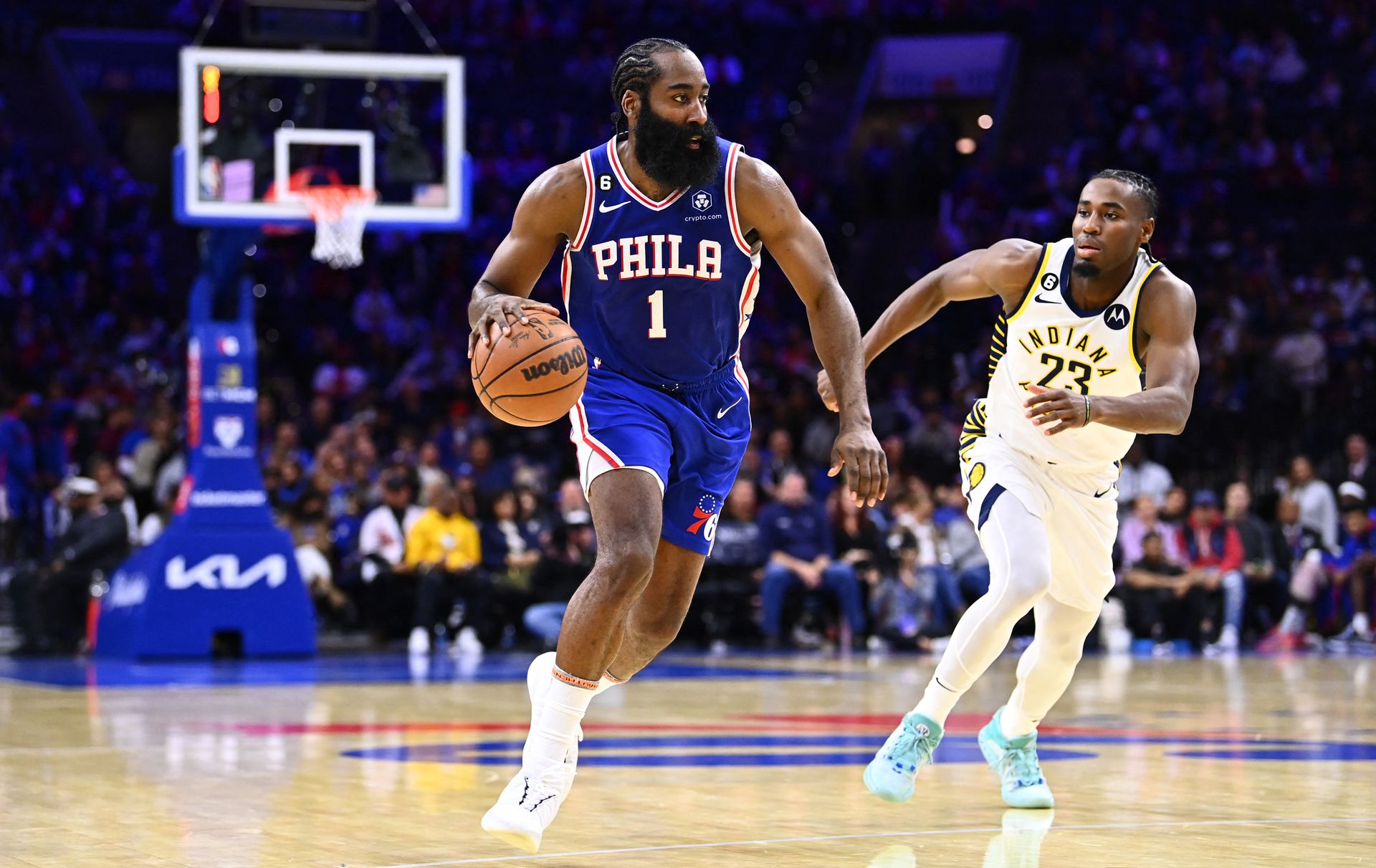 Philadelphia 76ers guard James Harden (1) drives against Indiana Pacers guard Aaron Nesmith (23) in the third quarter at Wells Fargo Center in Philadelphia, Pennsylvania, Oct. 24, 2022.