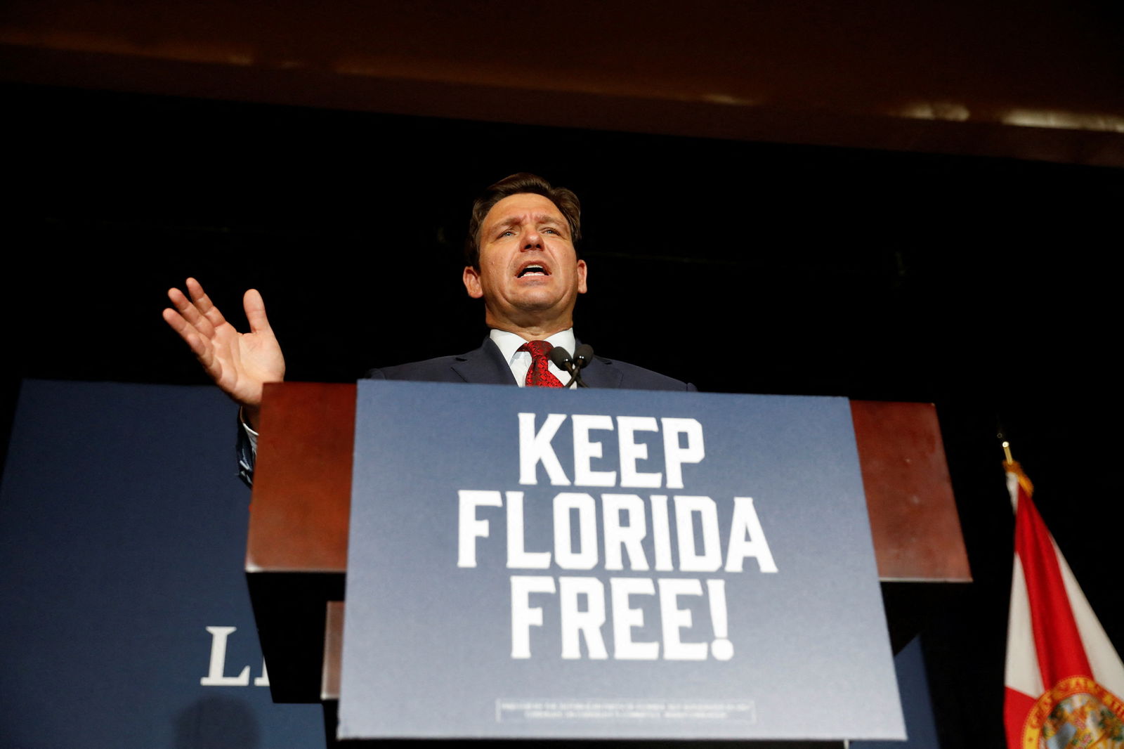 Florida Gov. Ron DeSantis speaks after the primary election for the midterms during the "Keep Florida Free Tour" at Pepin’s Hospitality Centre in Tampa, Florida on Aug. 24, 2022.