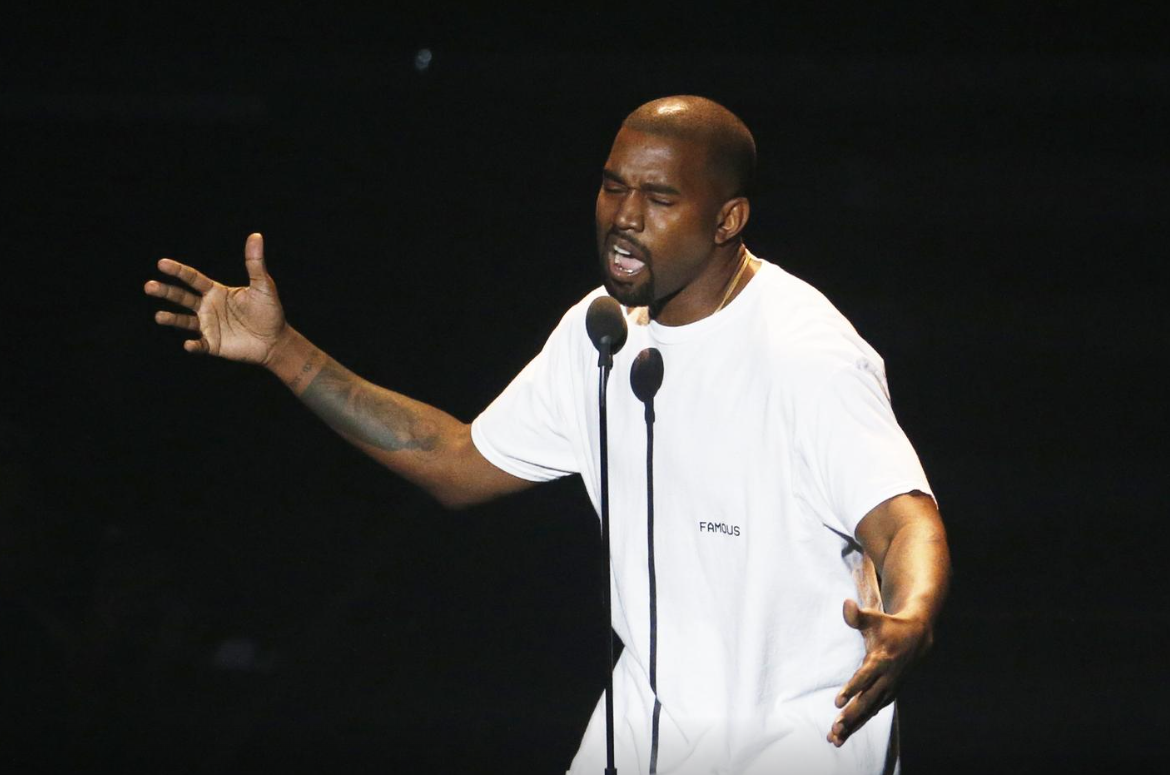 Kanye West on stage during the 2016 MTV Video Music Awards in New York, Aug. 28, 2016.