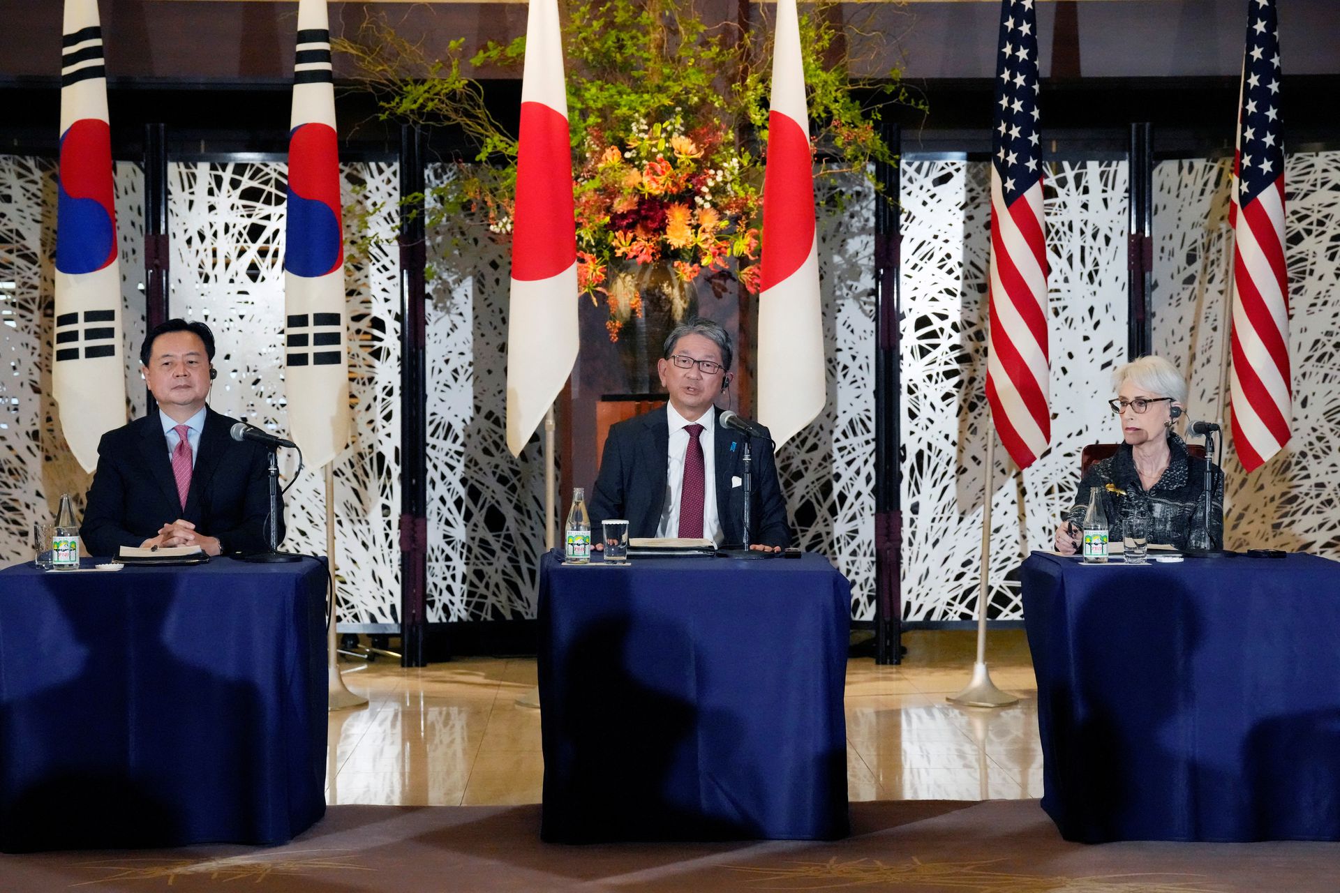 Japanese Vice Minister for Foreign Affairs Takeo Mori, U.S. Deputy Secretary of State Wendy Sherman and South Korea's First Vice Minister of Foreign Affairs Cho Hyundong, attend the joint press conference after their trilateral meeting Wednesday, Oct. 26, 2022, at the Iikura guesthouse in Tokyo.