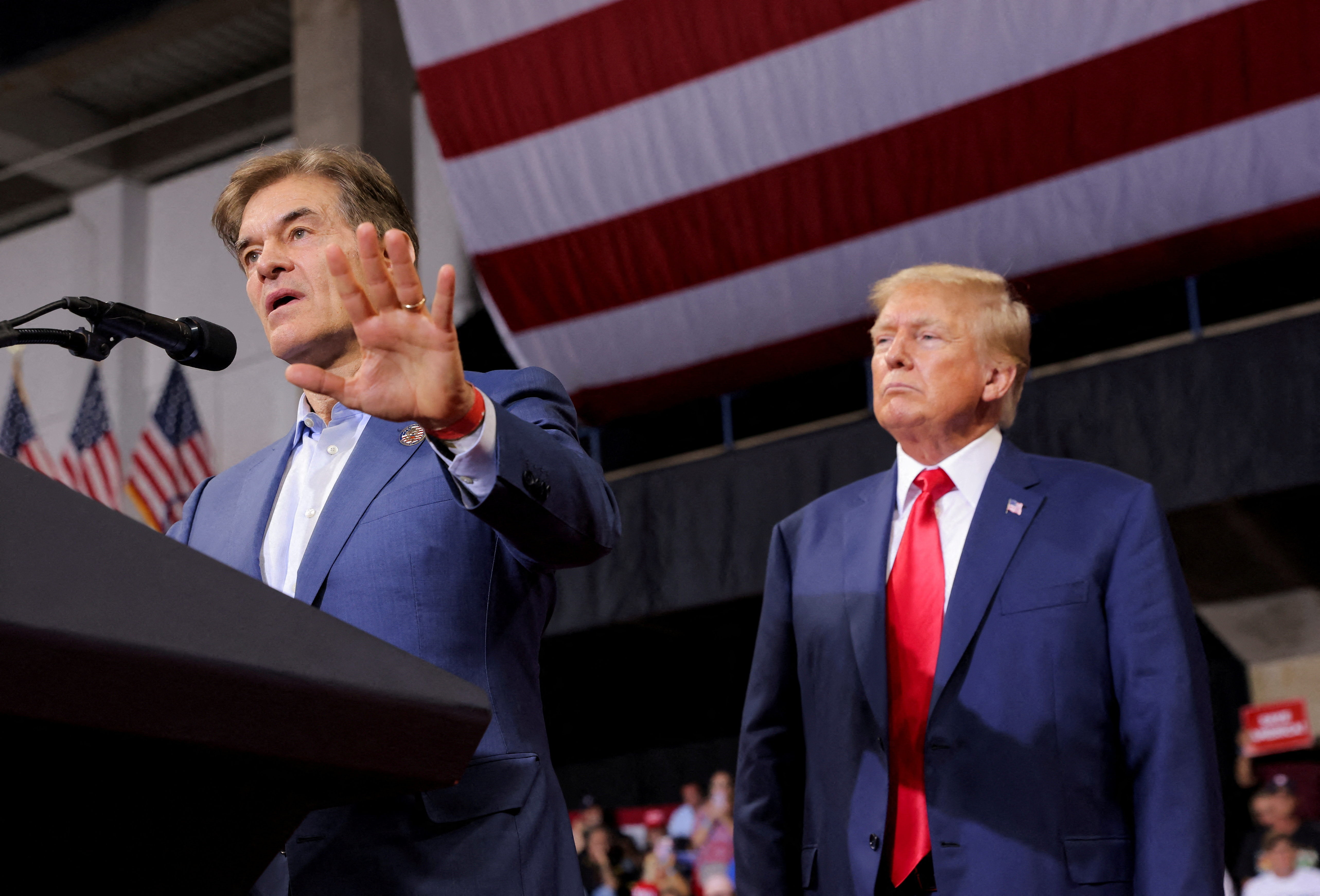 Pennsylvania Republican U.S. Senate candidate Dr. Mehmet Oz speaks during former President Donald Trump's rally in Wilkes-Barre, Pennsylvania, Sept. 3, 2022.
