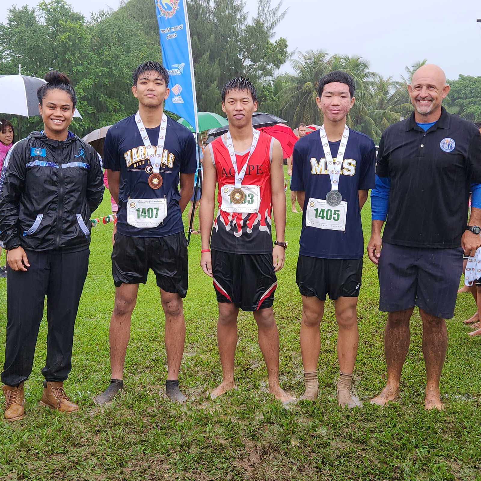 Samuel Zhu, Pony Tang and Cody Shimizu are top three finishers in the high school category of the NMA-PSS All School Cross Country Championships at the Saipan Vegas Country Club on Saturday.