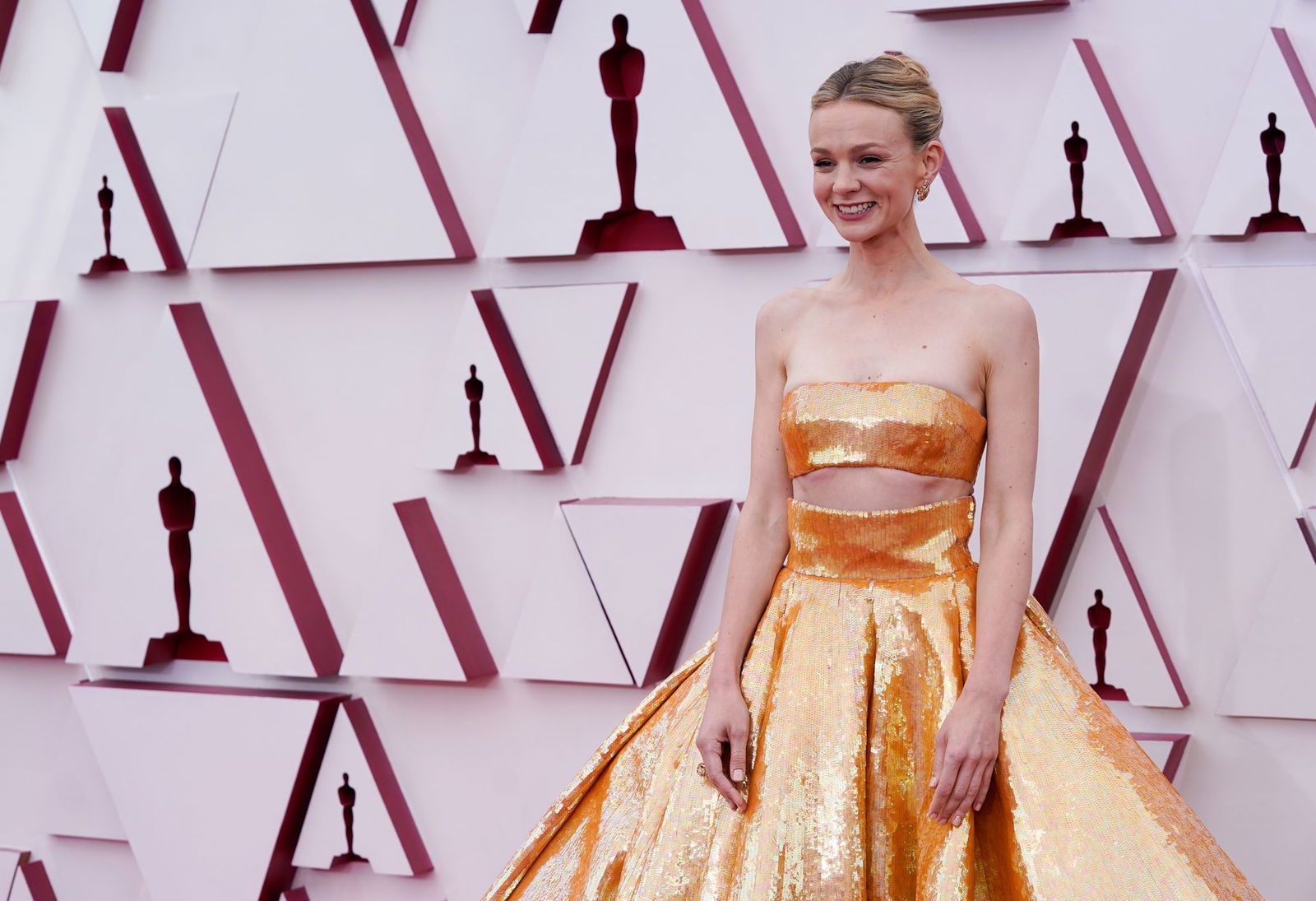 Carey Mulligan arrives at the Oscars red carpet for the 93rd Academy Awards in Los Angeles, California, April 25, 2021.