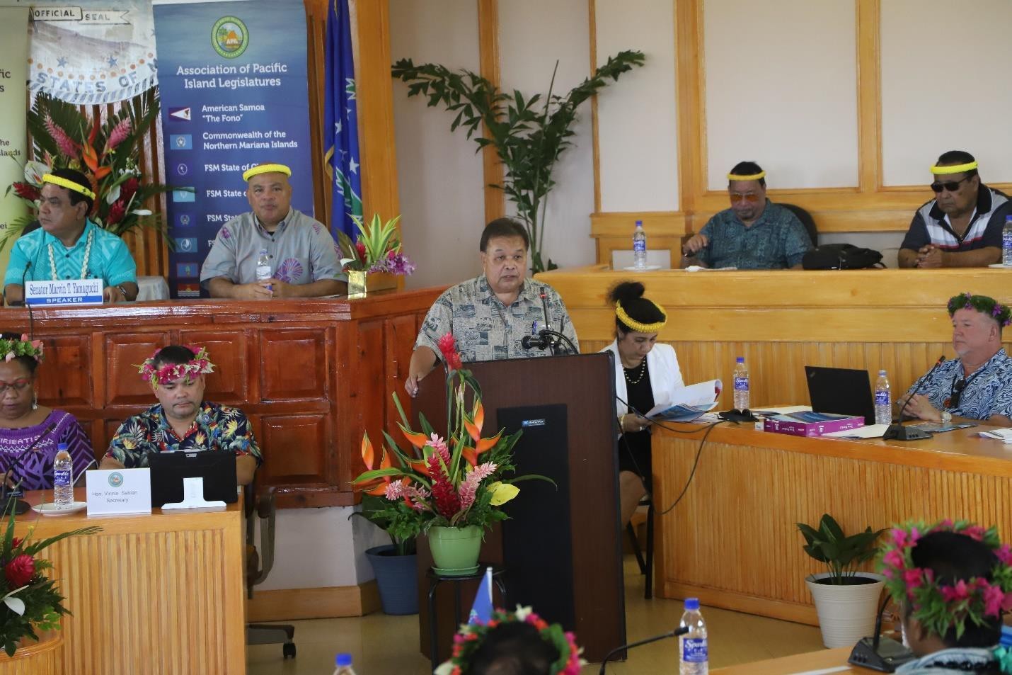 Pohnpei Gov. Reed B. Oliver  presents his remarks at the opening ceremony for the 39th General Assembly of the Association of Pacific Island Legislatures.