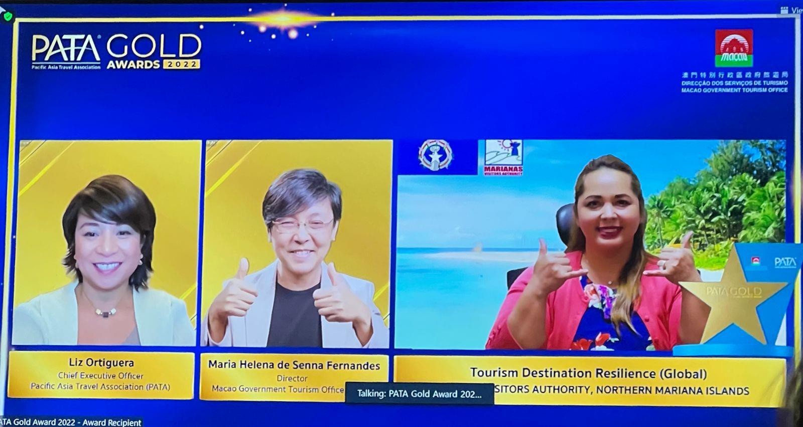Marianas Visitors Authority Managing Director Priscilla Maratita Iakopo, right, accepts the Pacific Asia Travel Association Gold Award for Tourism Destination Resilience (Global) during the online awards ceremony on Oct. 7, 2022. MVA’s submission highlighted the CNMI Tourism Resumption Investment Plan or TRIP and travel bubble with South Korea implemented in 2021.