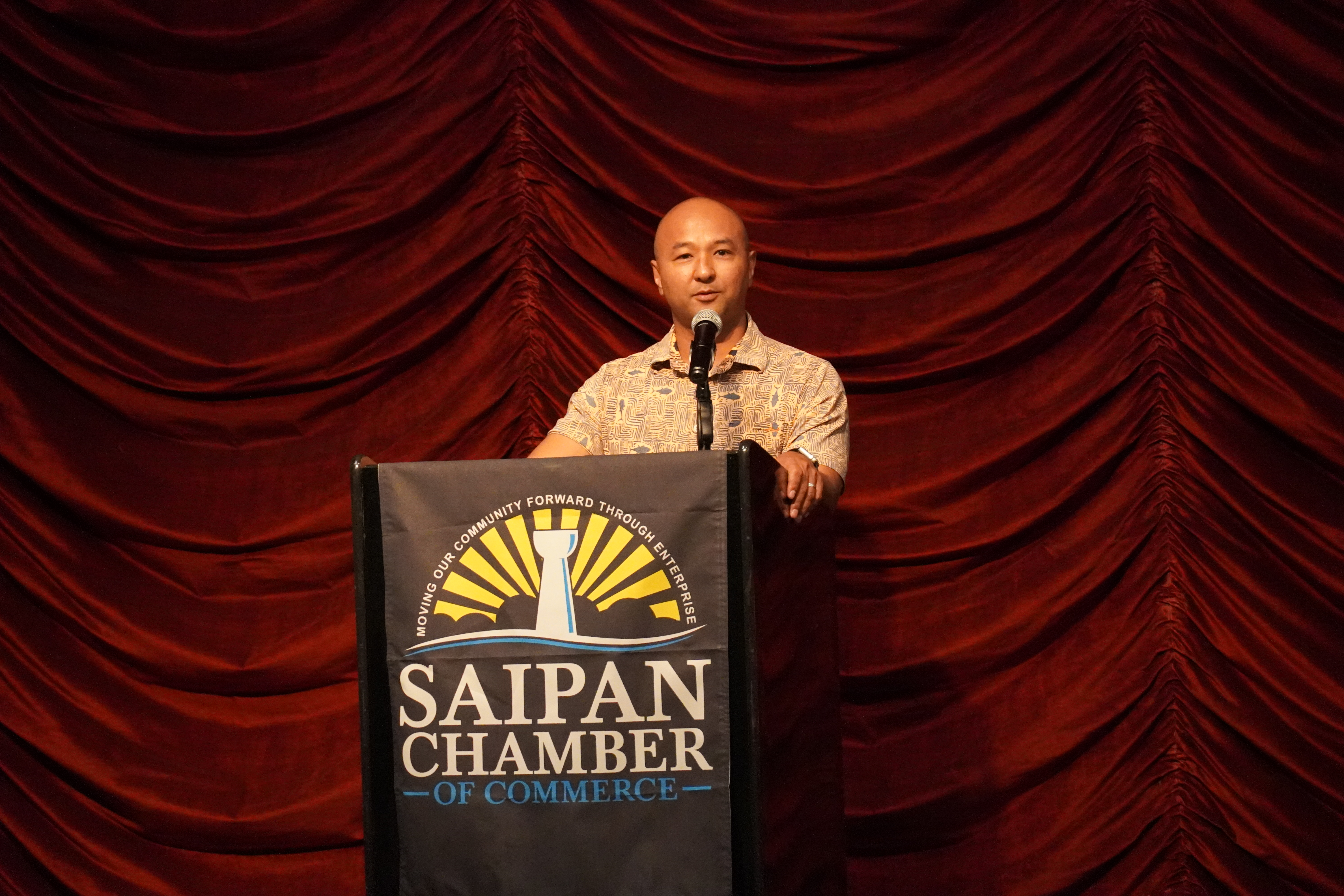 Saipan Chamber of Commerce President Joseph "Joe" Guerrero gives welcoming remarks during the monthly general membership meeting Wednesday, Nov. 2, at Hyatt Regency Saipan.