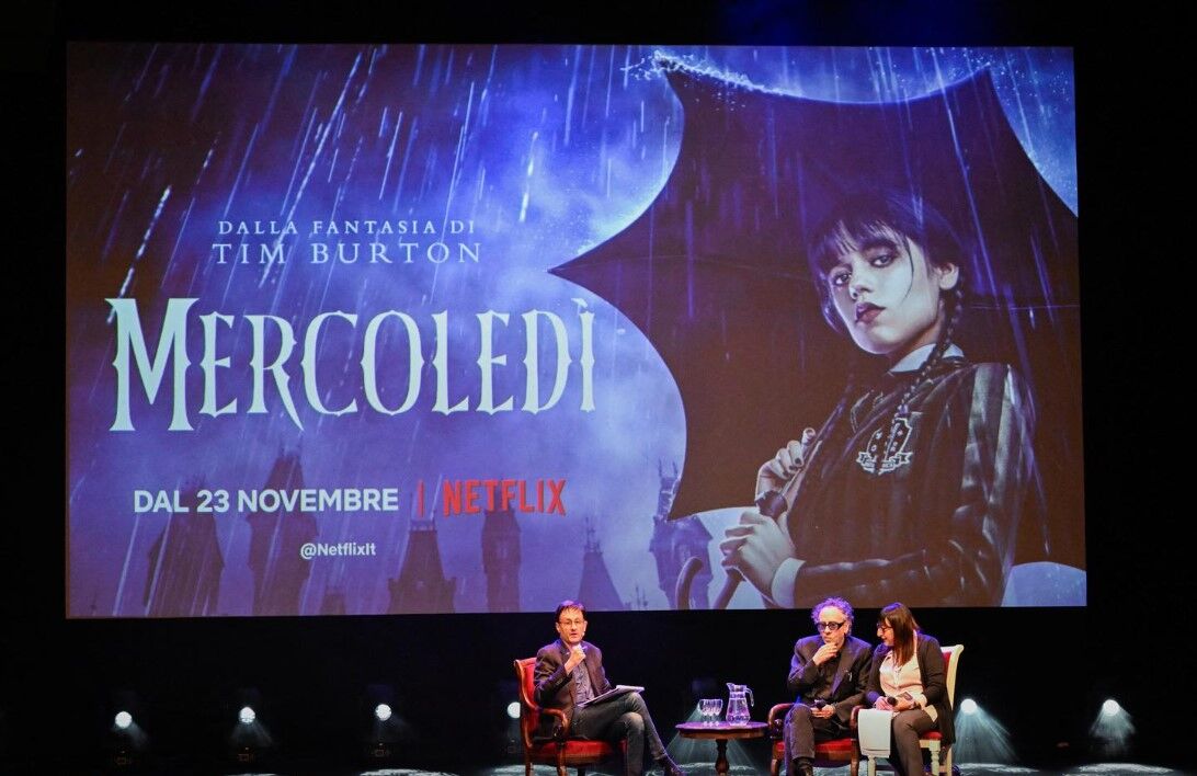 Film director Tim Burton attends a news conference during the Lucca Comics and Games for the premiere of Netflix's new series “Wednesday” in Lucca, Italy, Oct. 31, 2022.