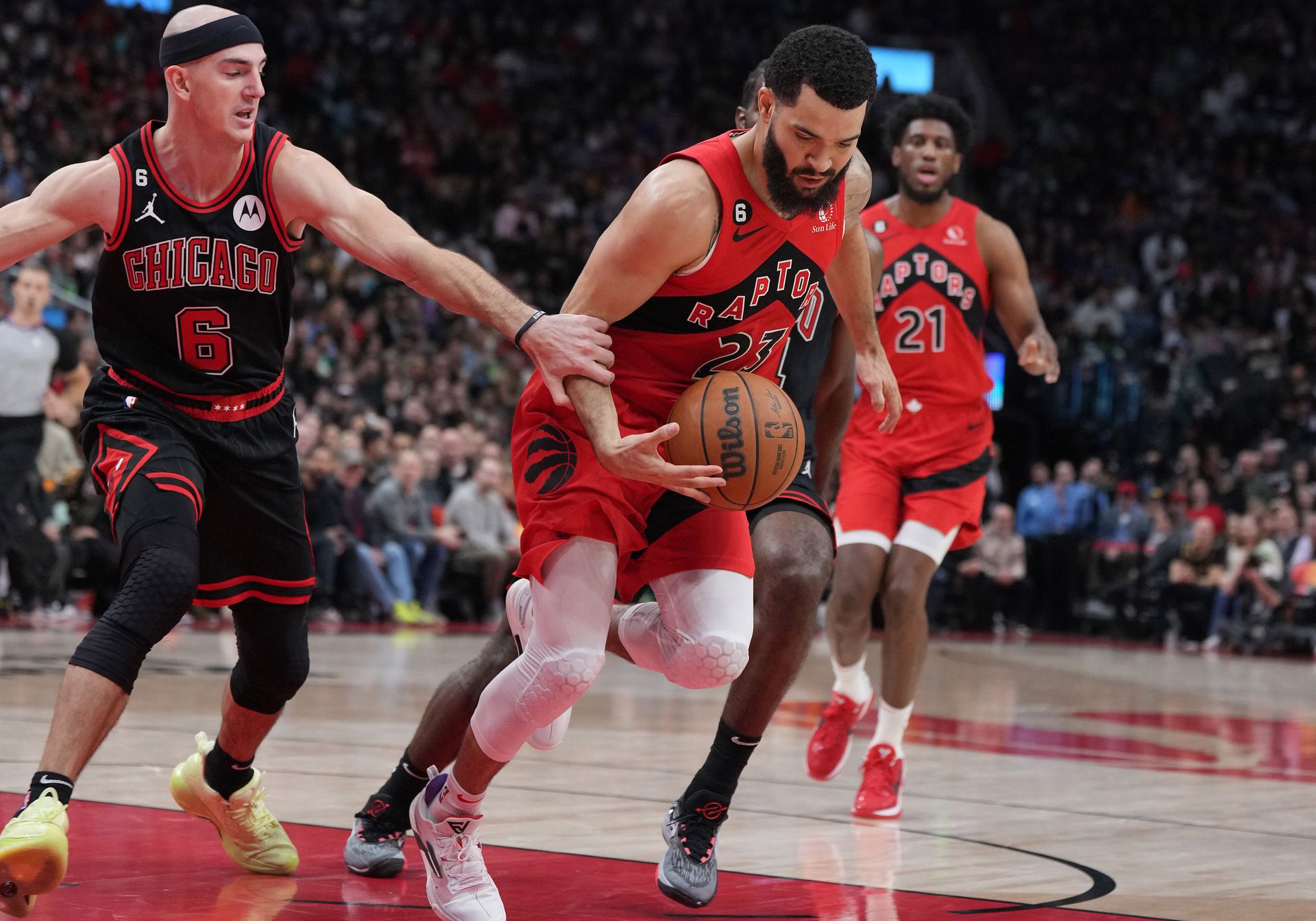 Toronto Raptors guard Fred VanVleet (23) controls the ball as Chicago Bulls guard Alex Caruso (6) tries to defend during the second quarter at Scotiabank Arena in Toronto, Ontario, Canada on Nov. 6, 2022.