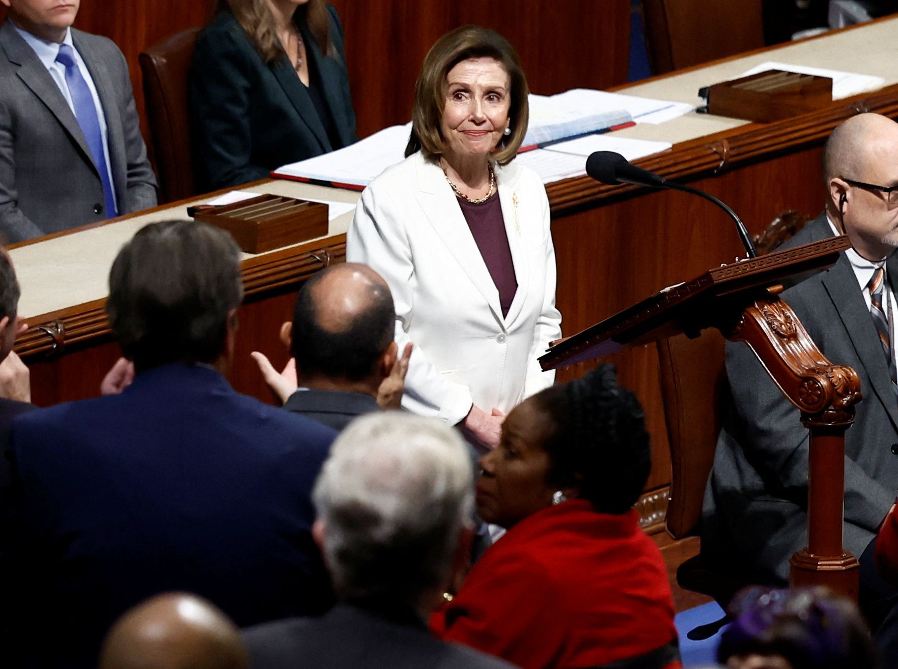 U.S. House Speaker Nancy Pelosi, D-CA, listens to applause from her House colleagues after she announced that she will remain in Congress but will not run for re-election as speaker of the House after Republicans were projected to win control of the House of Representatives, on the floor of the House chamber of the U.S. Capitol in Washington, D.C., Nov. 17, 2022.