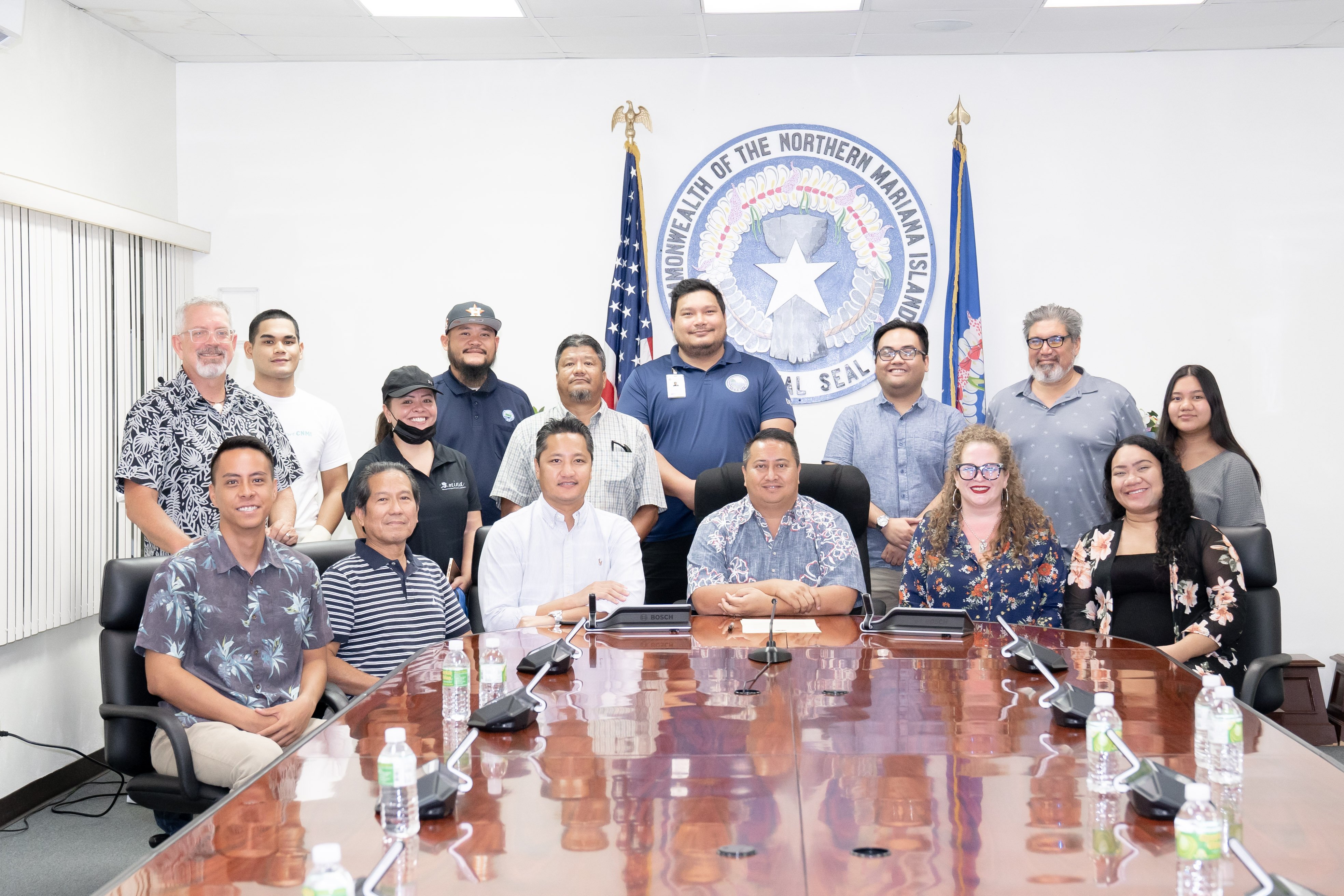 Gov. Ralph DLG Torres, seated center, joins representatives from the Bureau of Environmental Quality, the Mariana Islands Nature Alliance, and the Office of Planning and Development after proclaiming November 13-19, 2022 as CNMI Recycles Week on Nov. 15 in the Office of the Governor’s conference room.