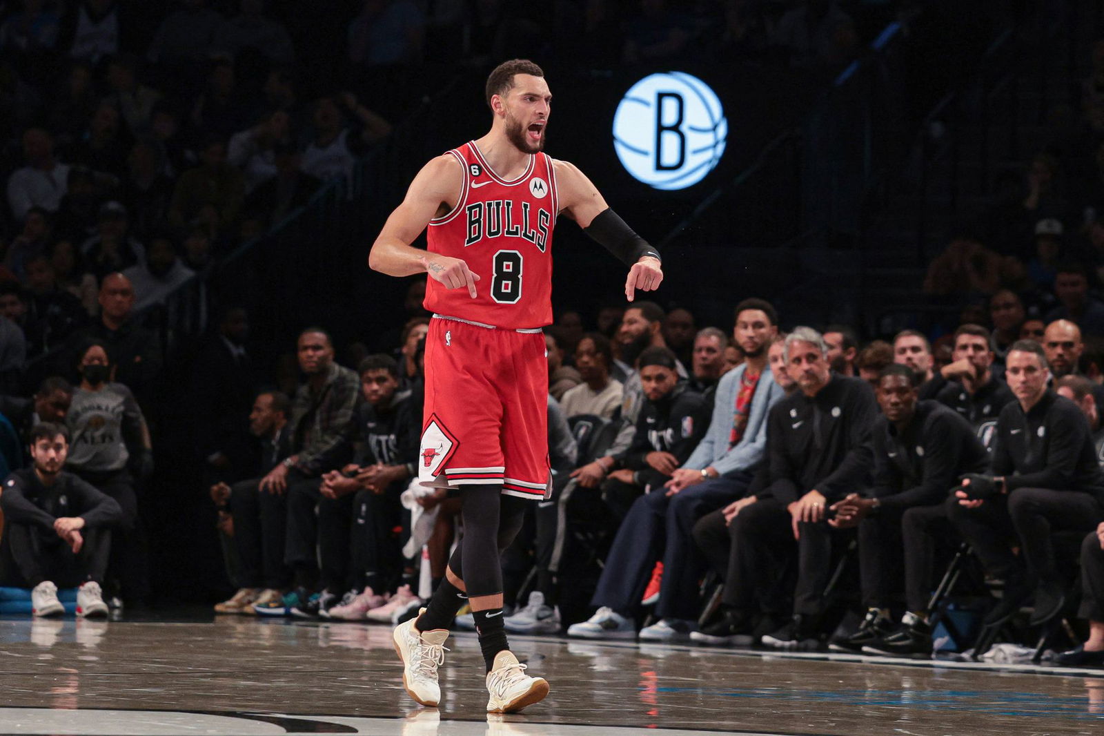 Chicago Bulls guard Zach LaVine (8) reacts after making a three-point basket against the Brooklyn Nets during the second half at Barclays Center in Brooklyn, New York, Nov. 1, 2022.