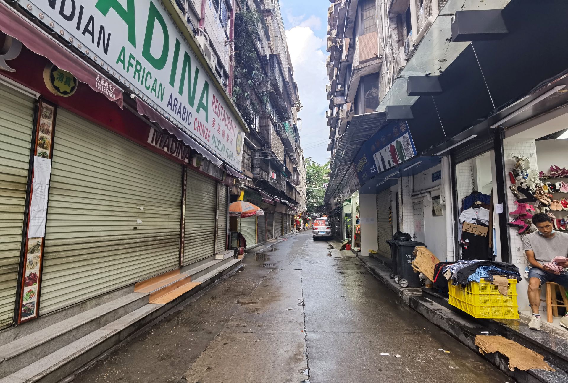A closed restaurant and shops are seen in Guangzhou's Xiaobei neighborhood, nicknamed "little Africa," as it starts to recover from a lockdown in April after the outbreak of the coronavirus disease in Guangdong province, China on June 17, 2020.