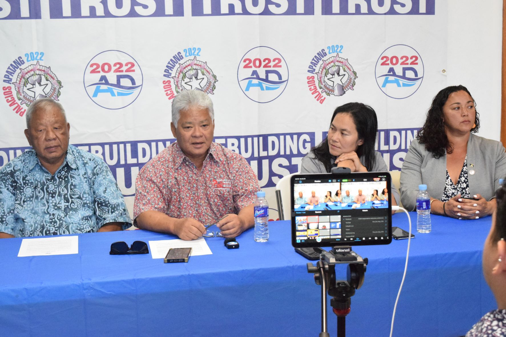 From left, Lt. Gov.-elect David M. Apatang, Gov.-elect Arnold I. Palacios, Reps. Tina Sablan and Leila Staffler field questions from members of the media during a press conference at the AD 2022 headquarters in Garapan on Monday.