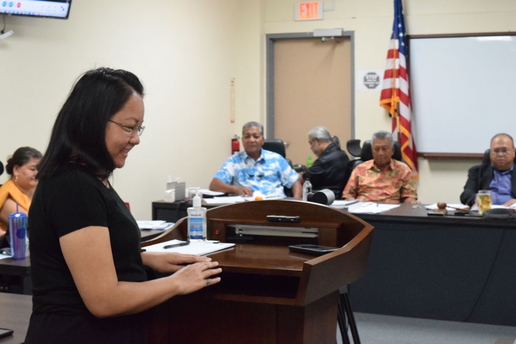 Imperial Pacific International Human Resource Director Redie Dela Cruz smiles after fielding questions from the members of the Commonwealth Casino Commission during a meeting in the commission's conference room at Springs Plaza in Gualo Rai on Wednesday.