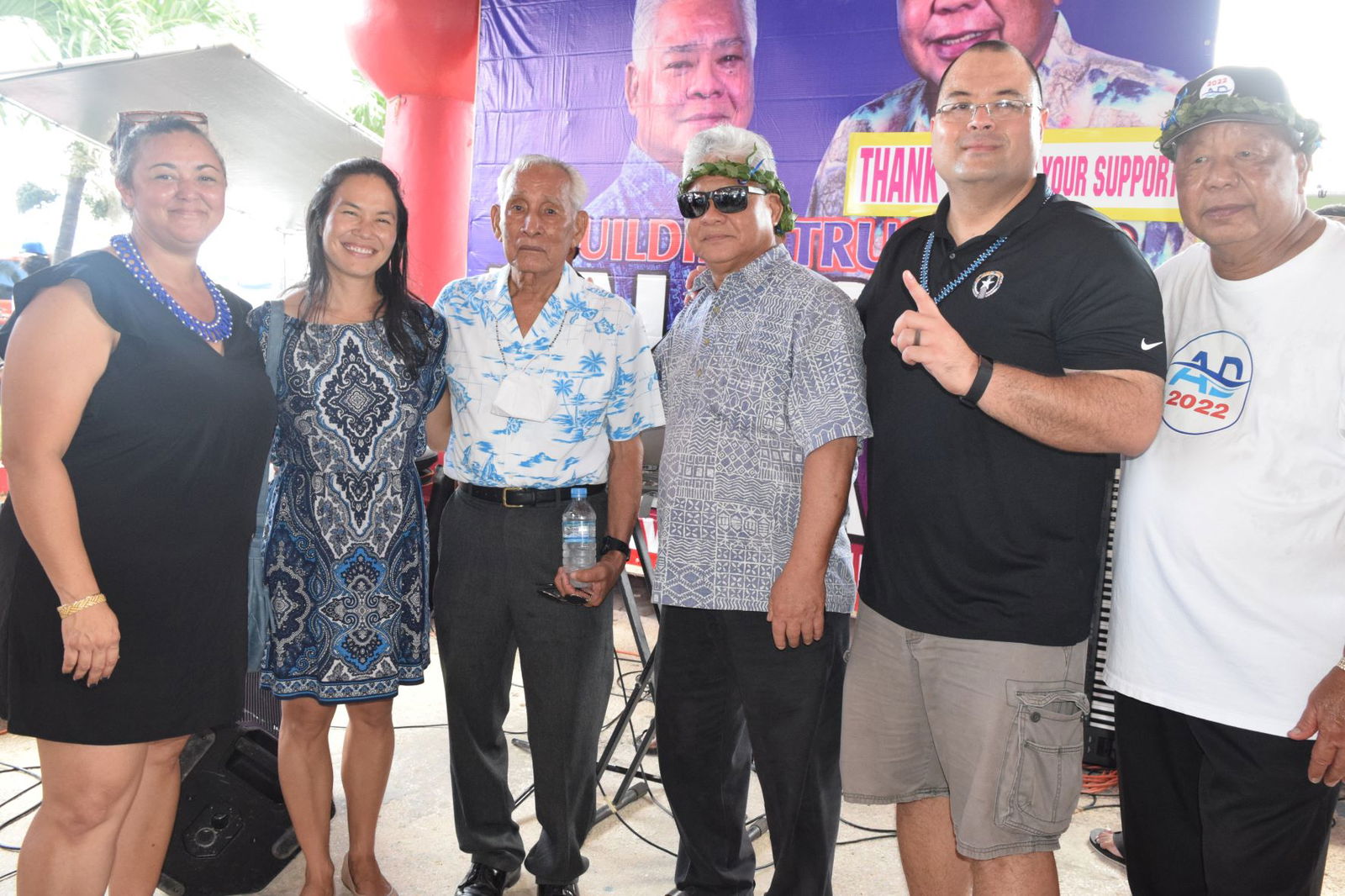 From left, Rep. Leila Staffler, Rep. Tina Sablan, former Gov. Carlos S. Camacho, Independent gubernatorial candidate  Lt. Gov. Arnold I. Palacios, Speaker Edmund S. Villagomez and Saipan Mayor David M. Apatang at the Minatchom Atdao Pavilion in Susupe following a motorcade on Saturday.