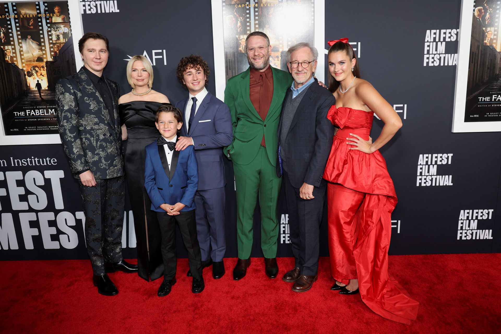 Director Steven Spielberg, cast members Michelle Williams, Paul Dano, Mateo Zoryon Francis-DeFord, Gabriel LaBelle, Seth Rogen and Chloe East attend a premiere for the film "The Fabelmans" during the AFI Fest in Los Angeles, California, Nov. 6, 2022.