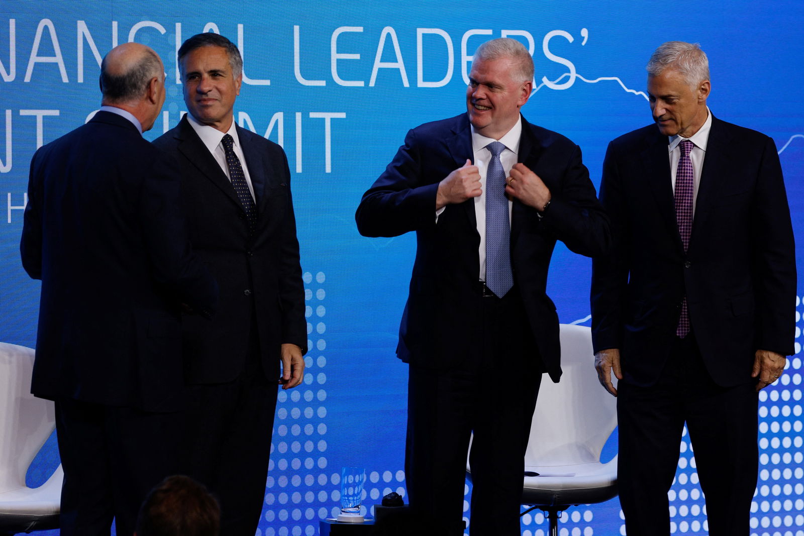 Daniel Pinto, president and chief operating officer of JPMorgan Chase & Co, Noel Quinn, group chief executive of HSBC, and Bill Winters, group chief executive of Standard Chartered, attend the Global Financial Leaders' Investment Summit in Hong Kong, Nov. 2, 2022.