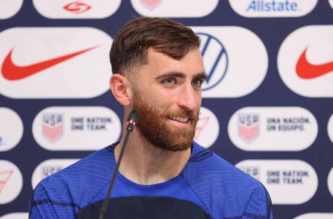 Matt Turner of the U.S. during a press conference at the Al Gharafa SC Stadium in Al Rayyan, Qatar on Nov. 16, 2022.