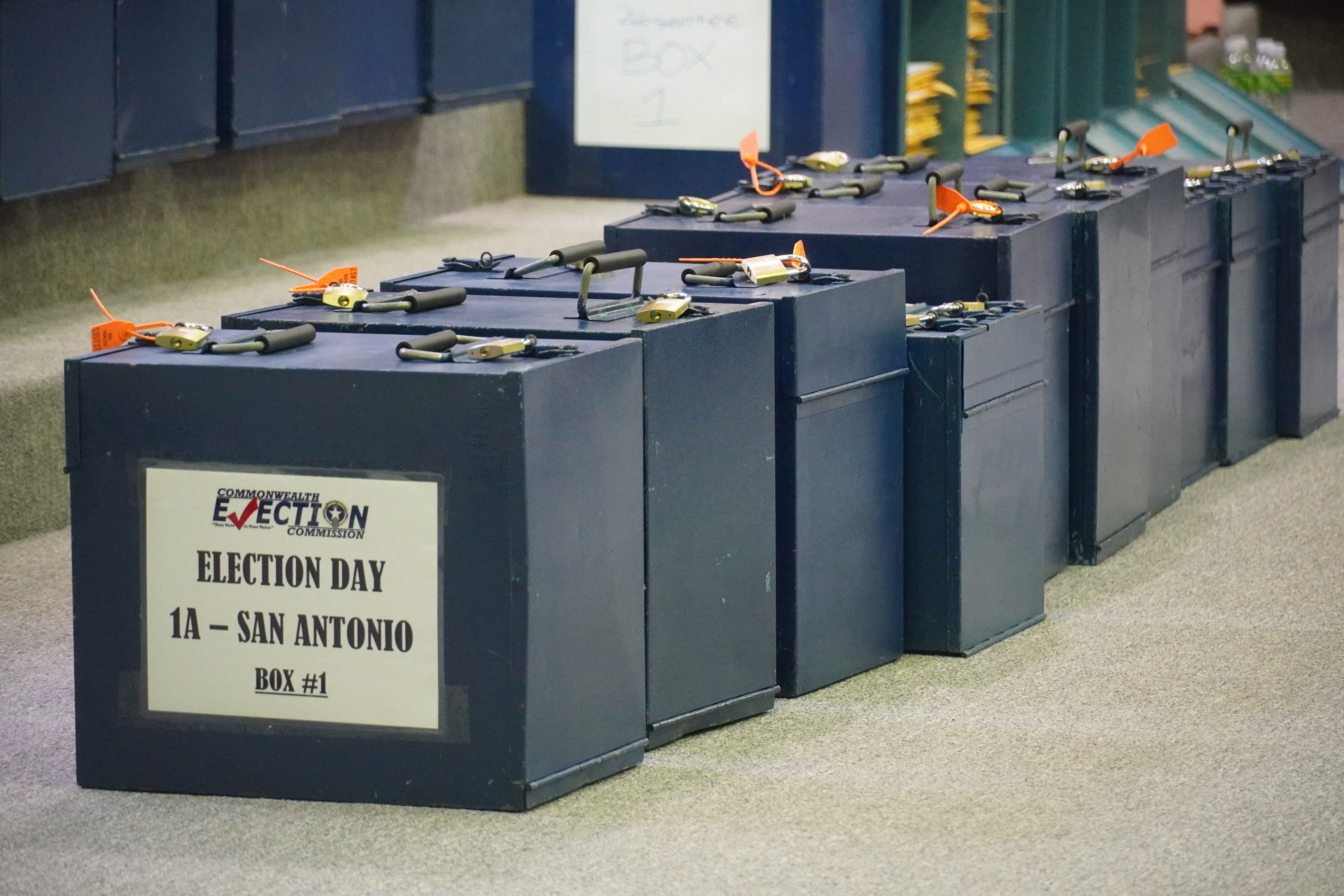 Ballot boxes are seen at the multi-purpose center on election night, Nov. 8, 2022.