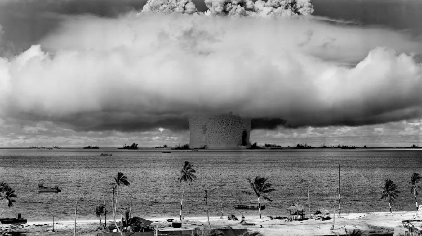A 21 kiloton underwater nuclear weapons effects test, known as Operation Crossroads or the Baker Test, was conducted at Bikini Atoll in 1946.