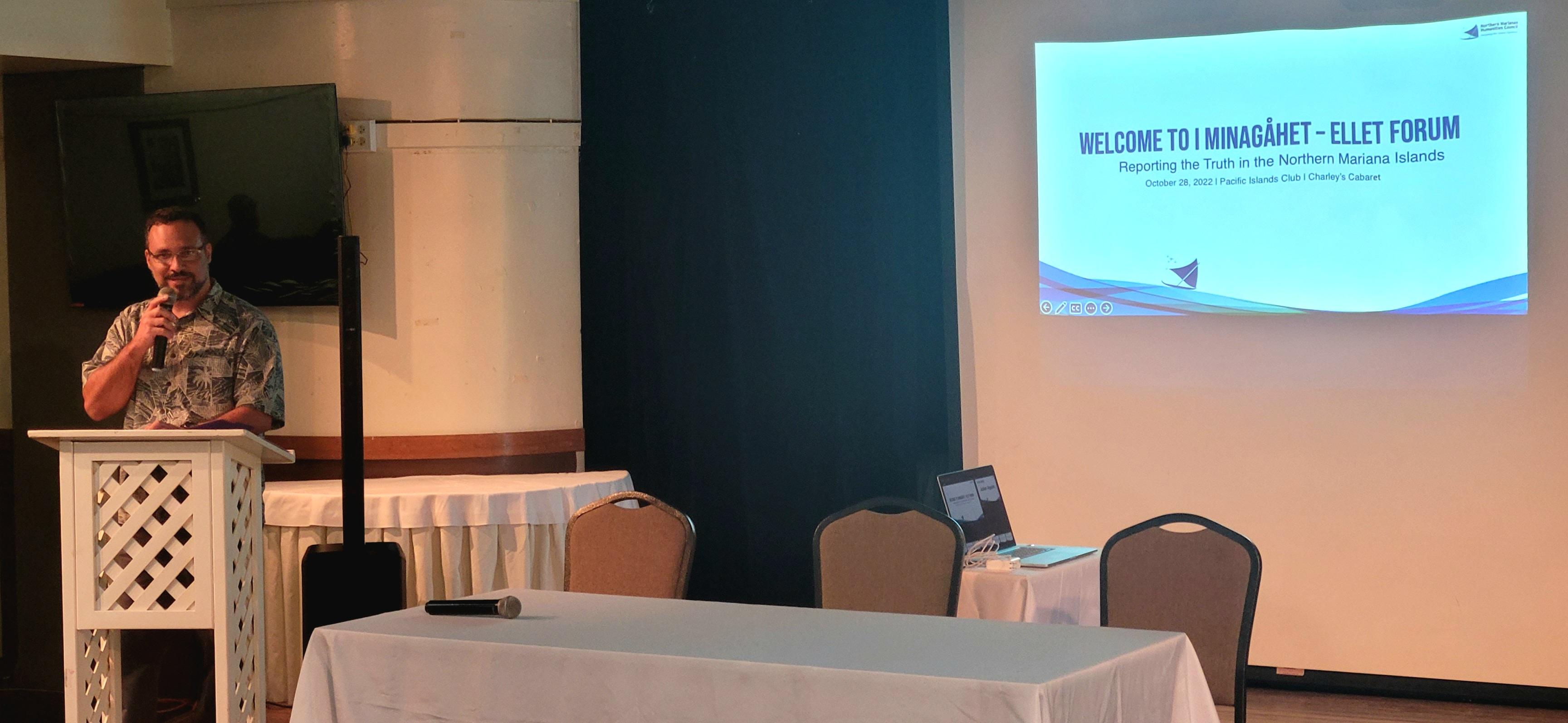 NMI Humanities Council Executive Director Leo Pangelinan gives his welcoming remarks at the i Minagåhet-Ellet forum on Friday, Oct. 28, at the Pacific Islands Club.