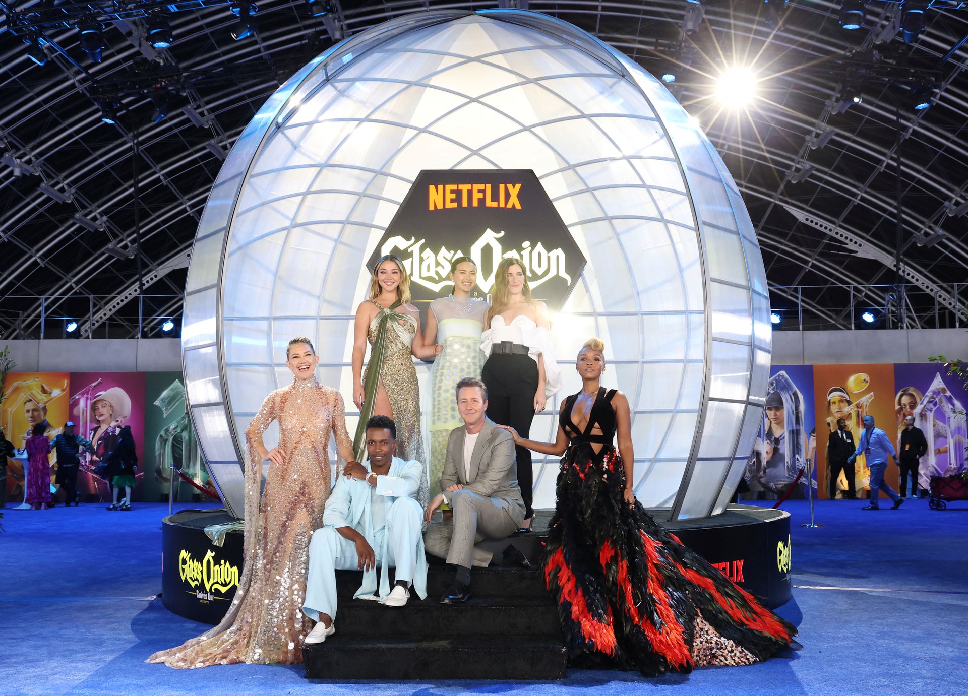 Cast members Kate Hudson, Madelyn Cline, Jessica Henwick, Kathryn Hahn, Leslie Odom Jr., Edward Norton and Janelle Monae pose at the premiere for the film “Glass Onion: A Knives Out Mystery” at the Academy Museum of Motion Pictures in Los Angeles, California, Nov. 14, 2022.