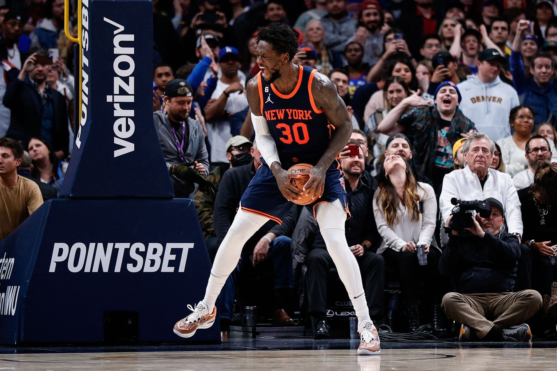 New York Knicks forward Julius Randle (30) reacts at the end of the game against the Denver Nuggets at Ball Arena in Denver, Colorado, Nov. 16, 2022.