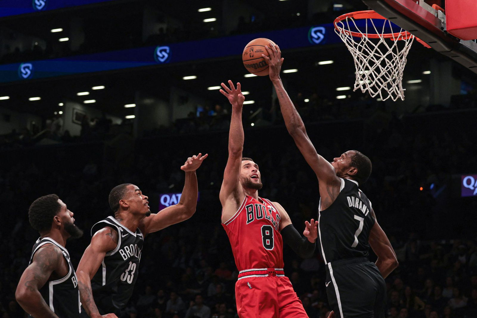Brooklyn Nets forward Kevin Durant (7) blocks a shot by Chicago Bulls guard Zach LaVine (8) during the second half at Barclays Center in Brooklyn, New York, Nov. 1, 2022.