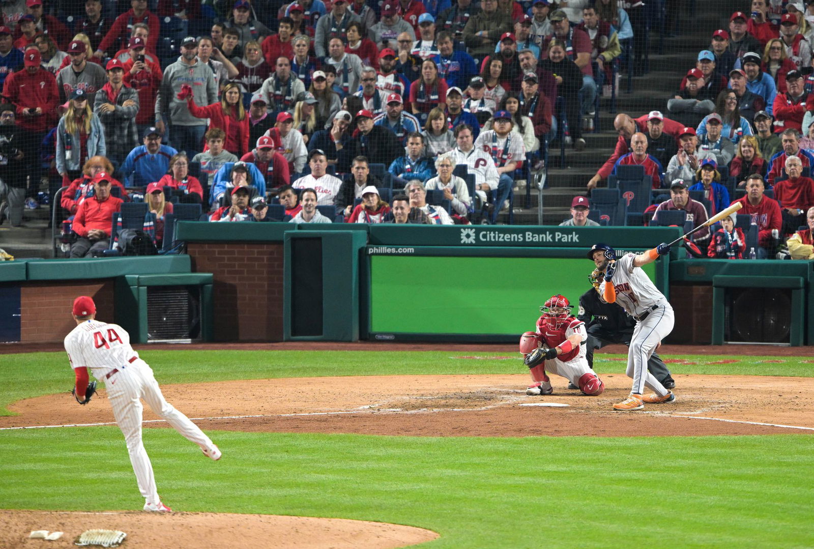 Houston Astros designated hitter David Hensley (17) strikes out against Philadelphia Phillies relief pitcher Kyle Gibson (44) during the seventh inning in game three of the 2022 World Series at Citizens Bank Park in Philadelphia, PA, Nov. 1, 2022.