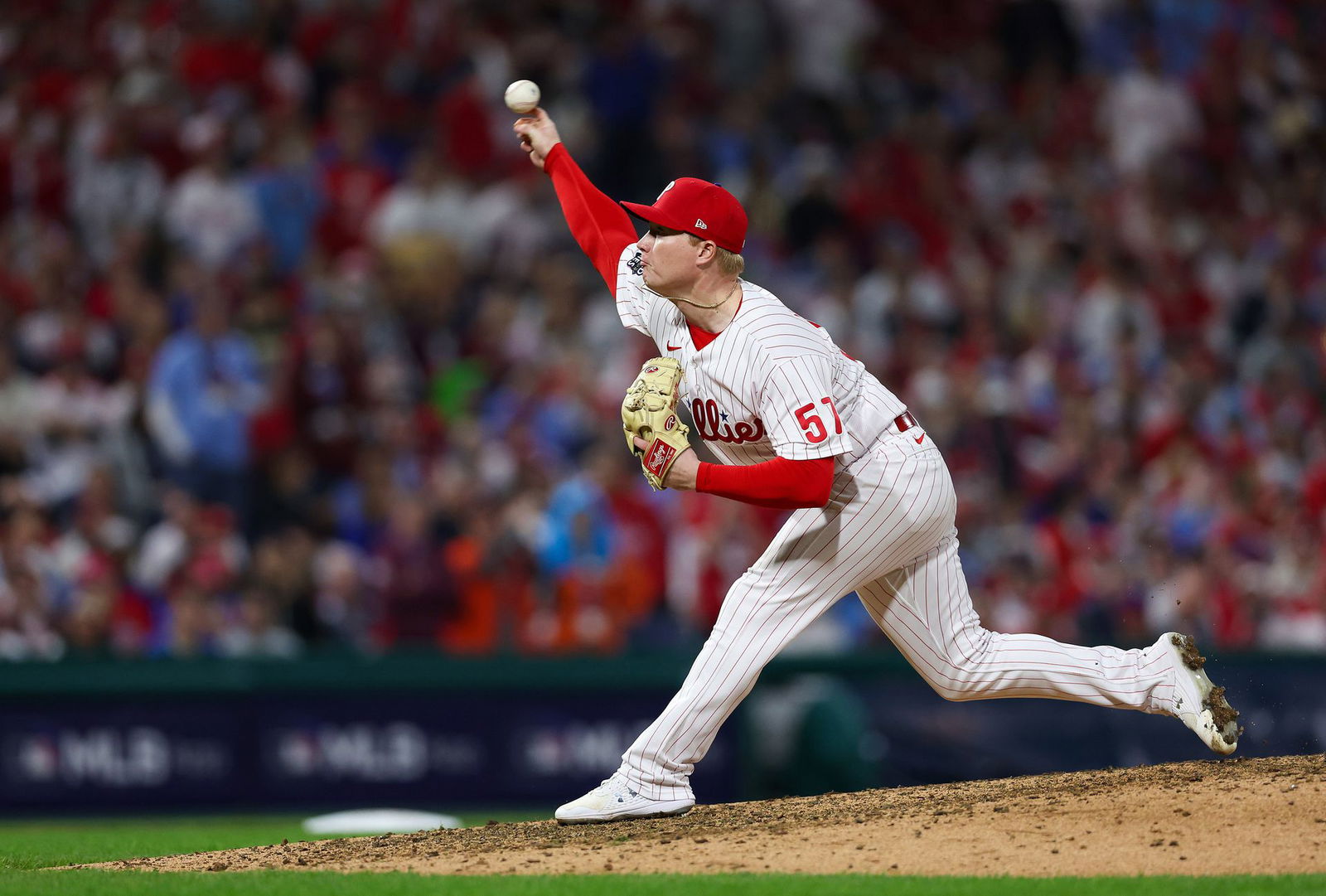 Philadelphia Phillies relief pitcher Nick Nelson (57) pitches against the Houston Astros during the eighth inning in game three of the 2022 World Series at Citizens Bank Park in Philadelphia, PA, Nov. 1, 2022.