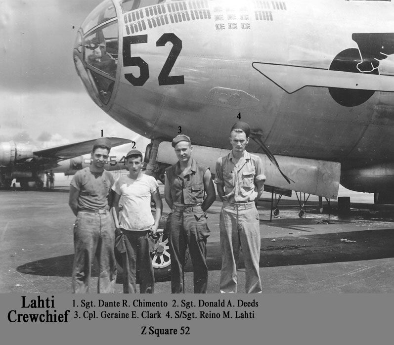 U.S. Army Air Corps Staff Sergeant Donald A. Deeds, second left with his fellow ground crew members stand next to one of the B-29 bombers at Isley Field on Saipan, sometime in 1944.