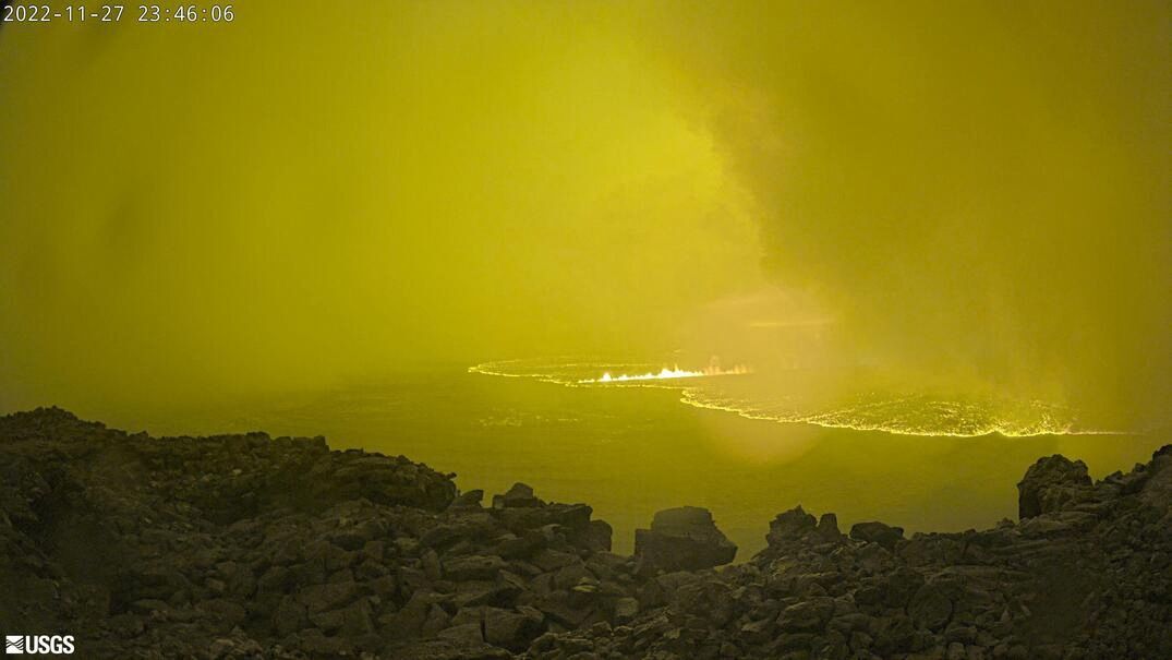 Lava is seen at Mauna Loa's summit region during an eruption as viewed by a remote camera of the U.S. Geological Survey in Hawaii, Nov. 27, 2022.