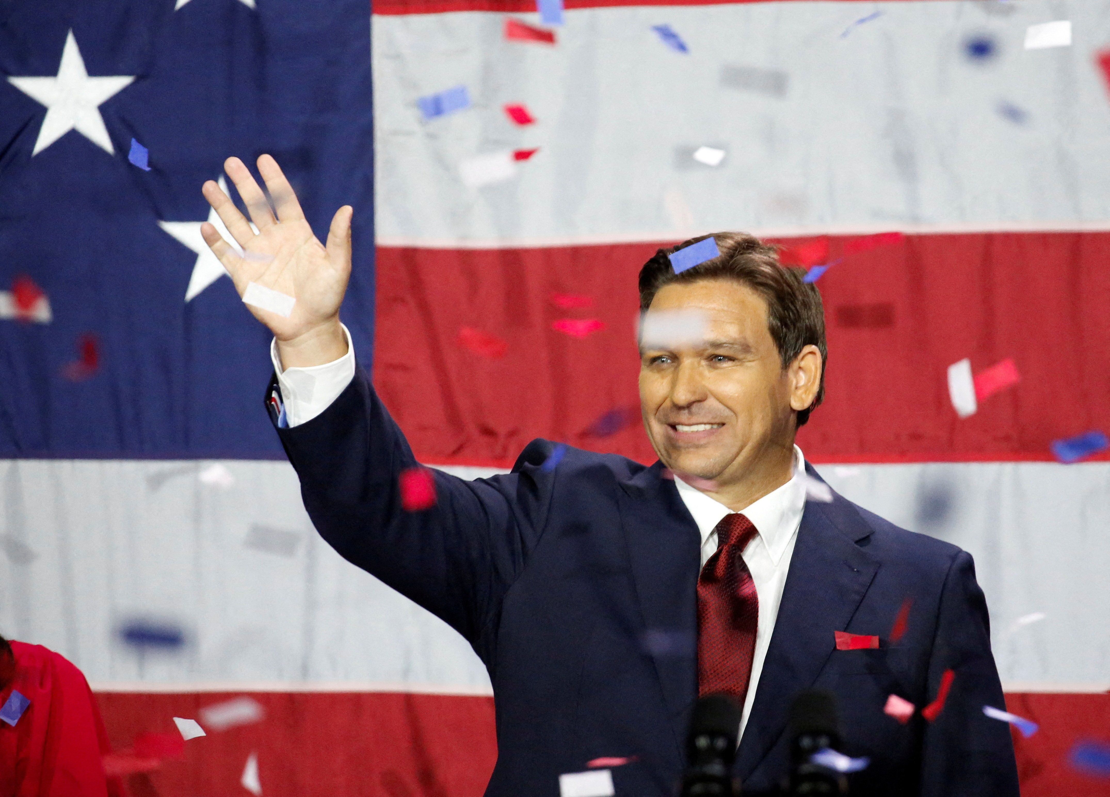 Republican Florida Gov. Ron DeSantis celebrates onstage during his midterm elections night party in Tampa, Florida, Nov. 8, 2022.