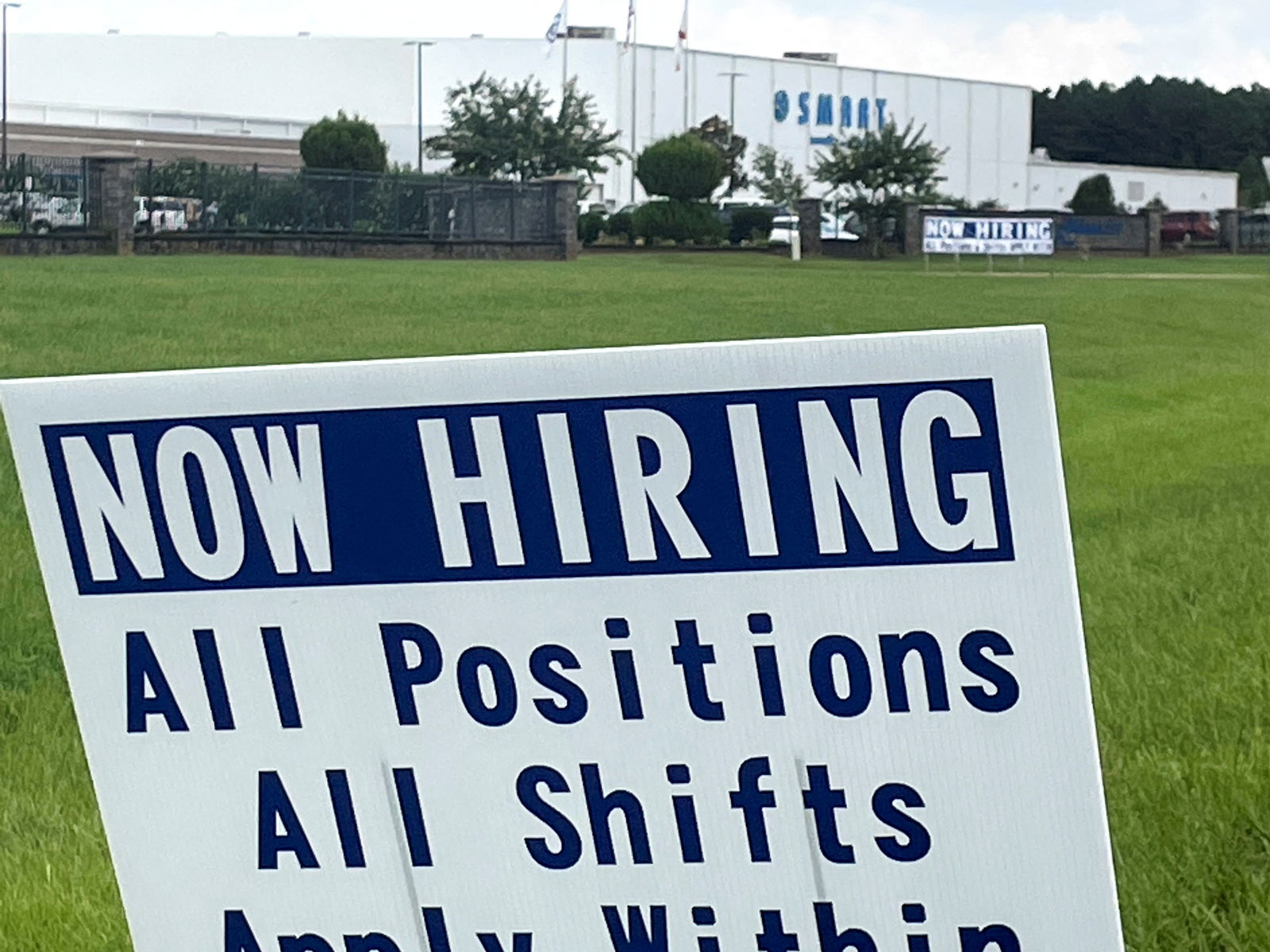 A sign advertising jobs stands near the SMART Alabama, LLC auto parts plant and Hyundai Motor Co. subsidiary, in Luverne, Alabama, July 14, 2022.