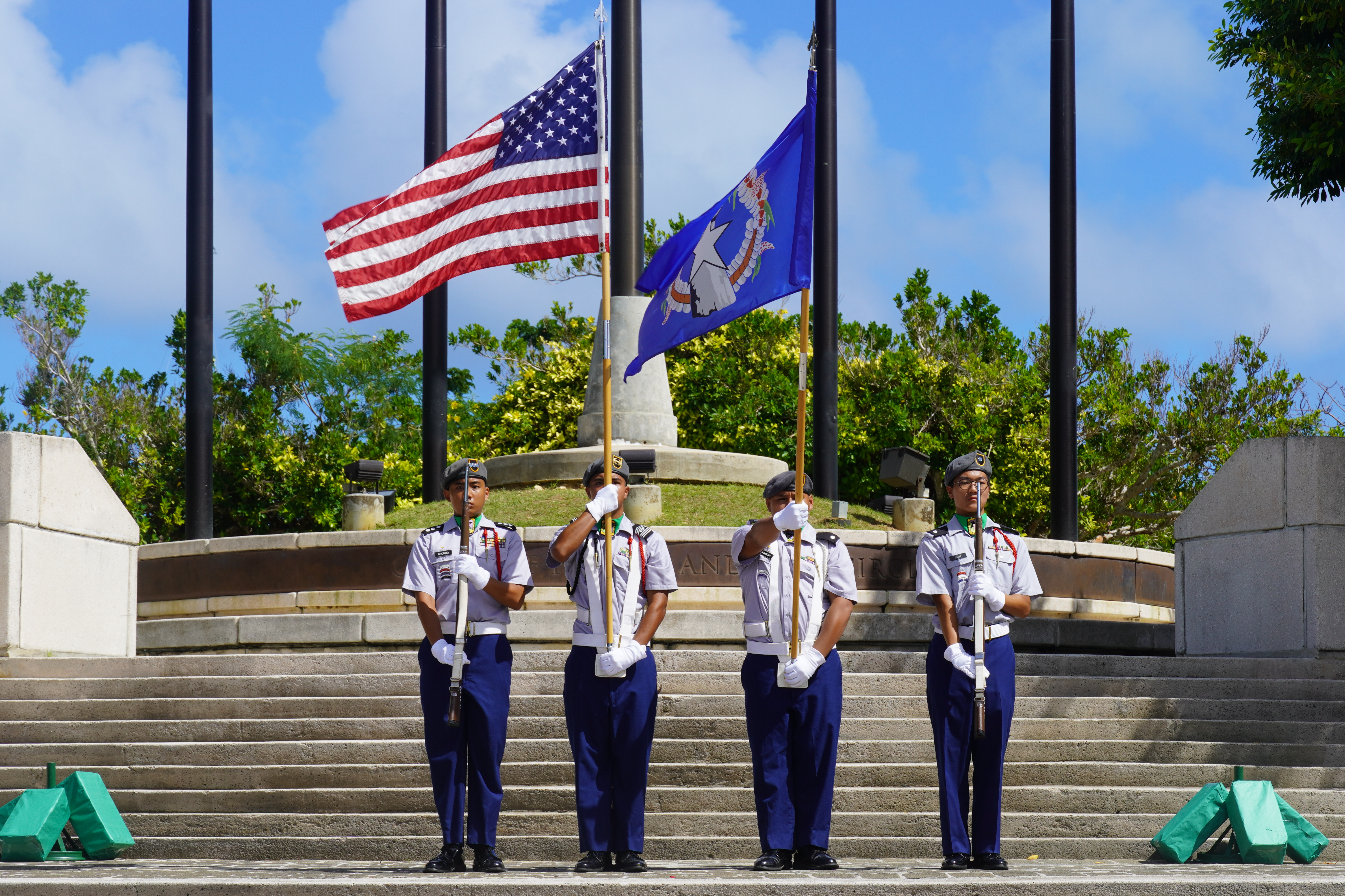 The Saipan Southern High School Manta Ray Battalion Color Guard post the U.S. and CNMI colors.