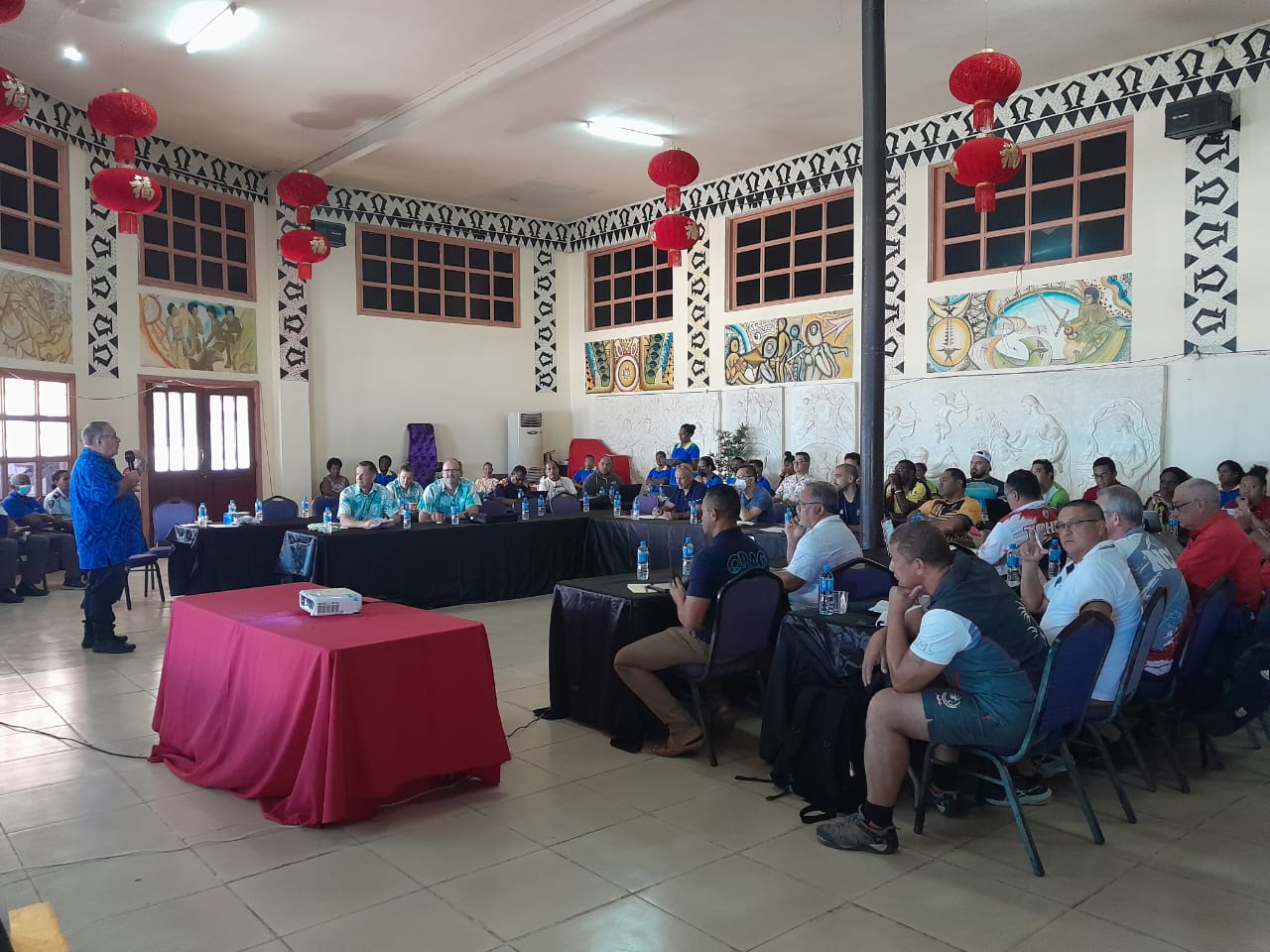 Team NMI Chef De Mission Nick Gross, front row third left, attends the Chef De Mission meeting for the 2023 Solomon Islands Pacific Games in Honiara on Saturday.