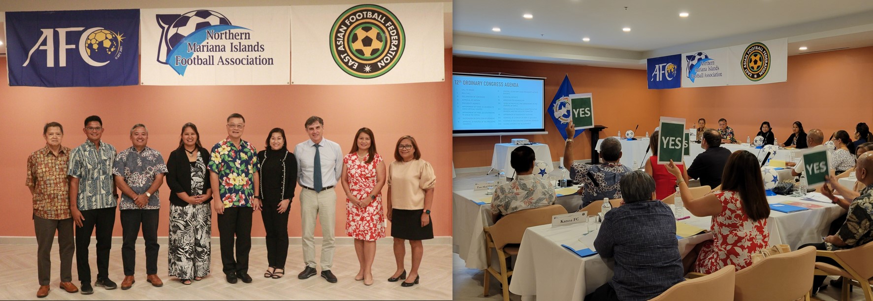 Left photo shows Northern Mariana Islands Football Association officials and members at the conclusion of the 12th Ordinary Congress on Oct. 28 at Crowne Plaza Resort Saipan. Right photo shows NMIFA-club members officers voting to adopt the agenda for the congress.