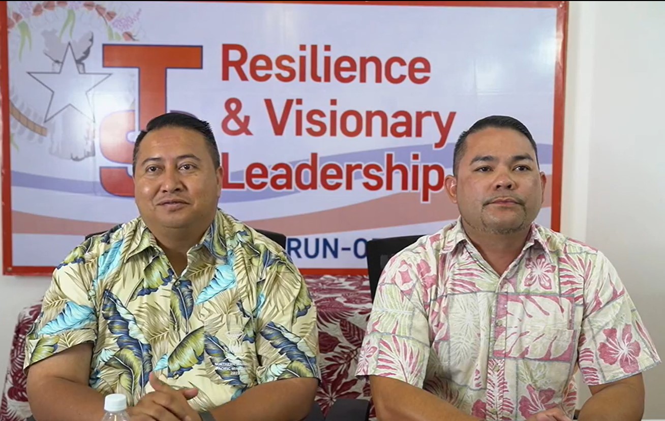 Republican Gov. Ralph DLG Torres and his running mate, Senate Floor Leader Vinnie F. Sablan, listen to a question from a reporter during a media conference Tuesday at their campaign headquarters in Garapan.