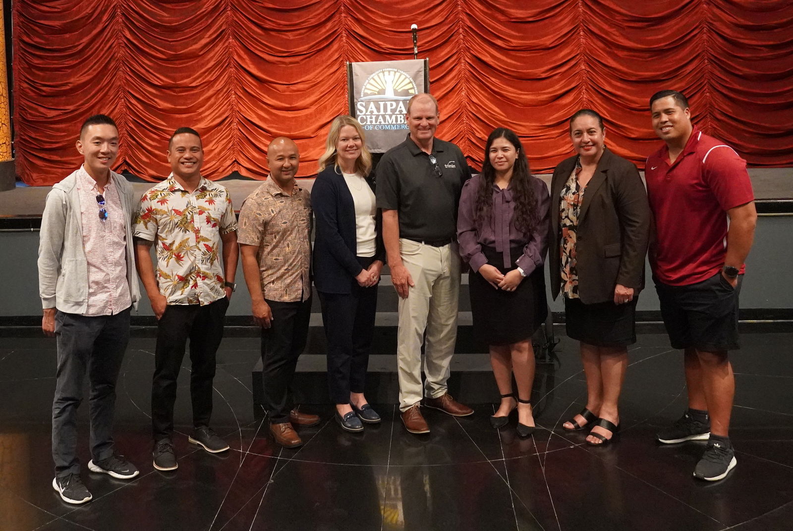 From left, Jerry Lin, Broc Calvo, Saipan Chamber of Commerce President Joe Guerrero, TriMin Systems Product Manager Erin Hultgren, Trimin Systems President Dave Mackay, Commonwealth Recorder Kelsey G. Aldan, NMI Director of Courts Sonia A. Camacho, and Billy Grow. Lin, Calvo, and Grow are co-managing partners of TurnKey Solutions.