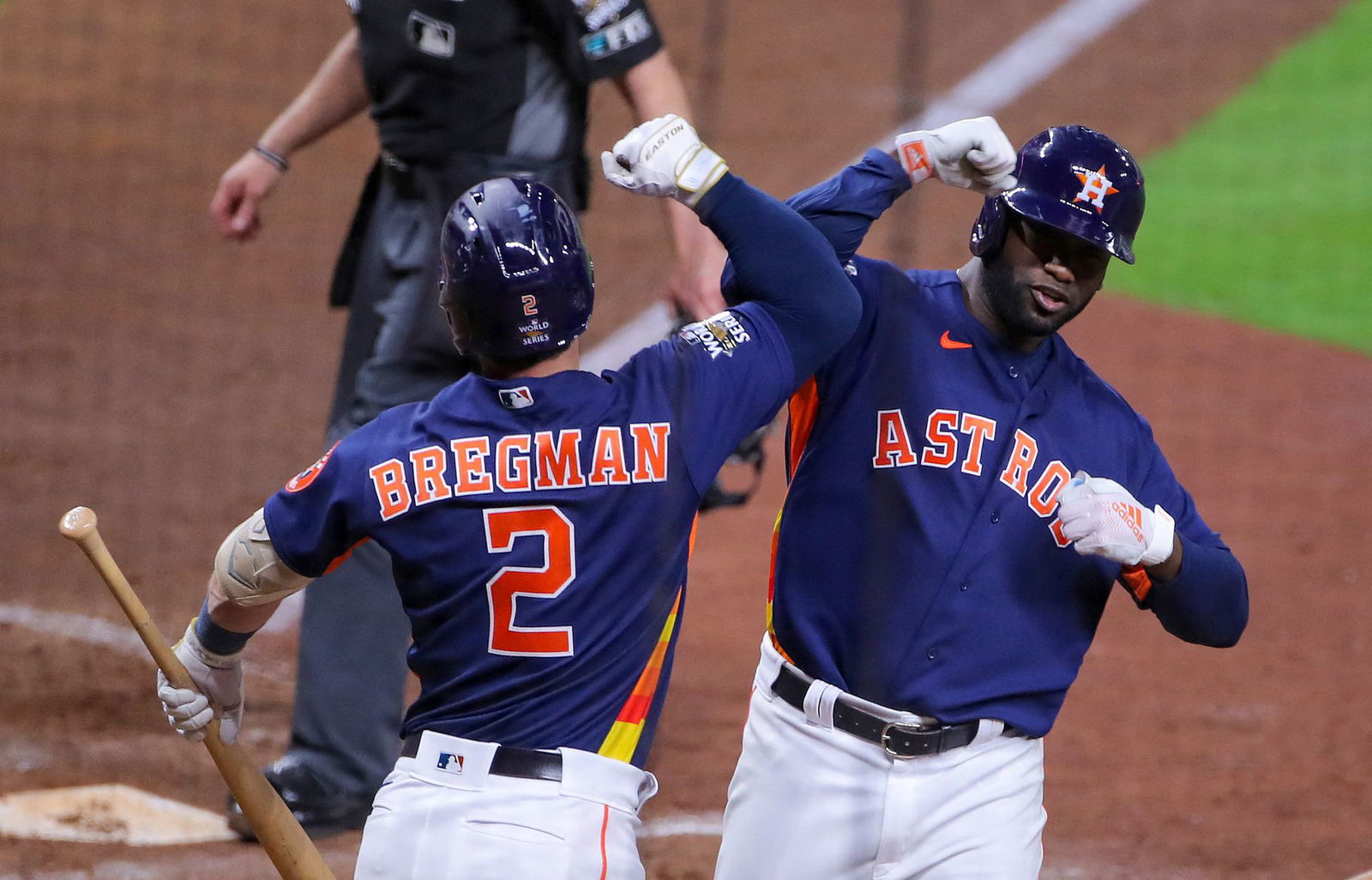 Houston Astros left fielder Yordan Alvarez (44) celebrates with third baseman Alex Bregman (2) after hitting a three run home run against the Philadelphia Phillies during the sixth inning in game six of the 2022 World Series at Minute Maid Park in Houston, Texas on Nov. 5, 2022.