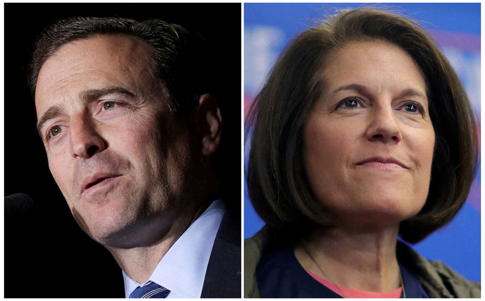 Republican U.S. Senate candidate Adam Laxalt and Senator Catherine Cortez Masto, a Democrat, attend rallies ahead of the midterm elections in Minden, Nevada, Oct. 8, 2022 and Henderson, Nevada, Nov. 7, 2022 in a combination of file photographs.