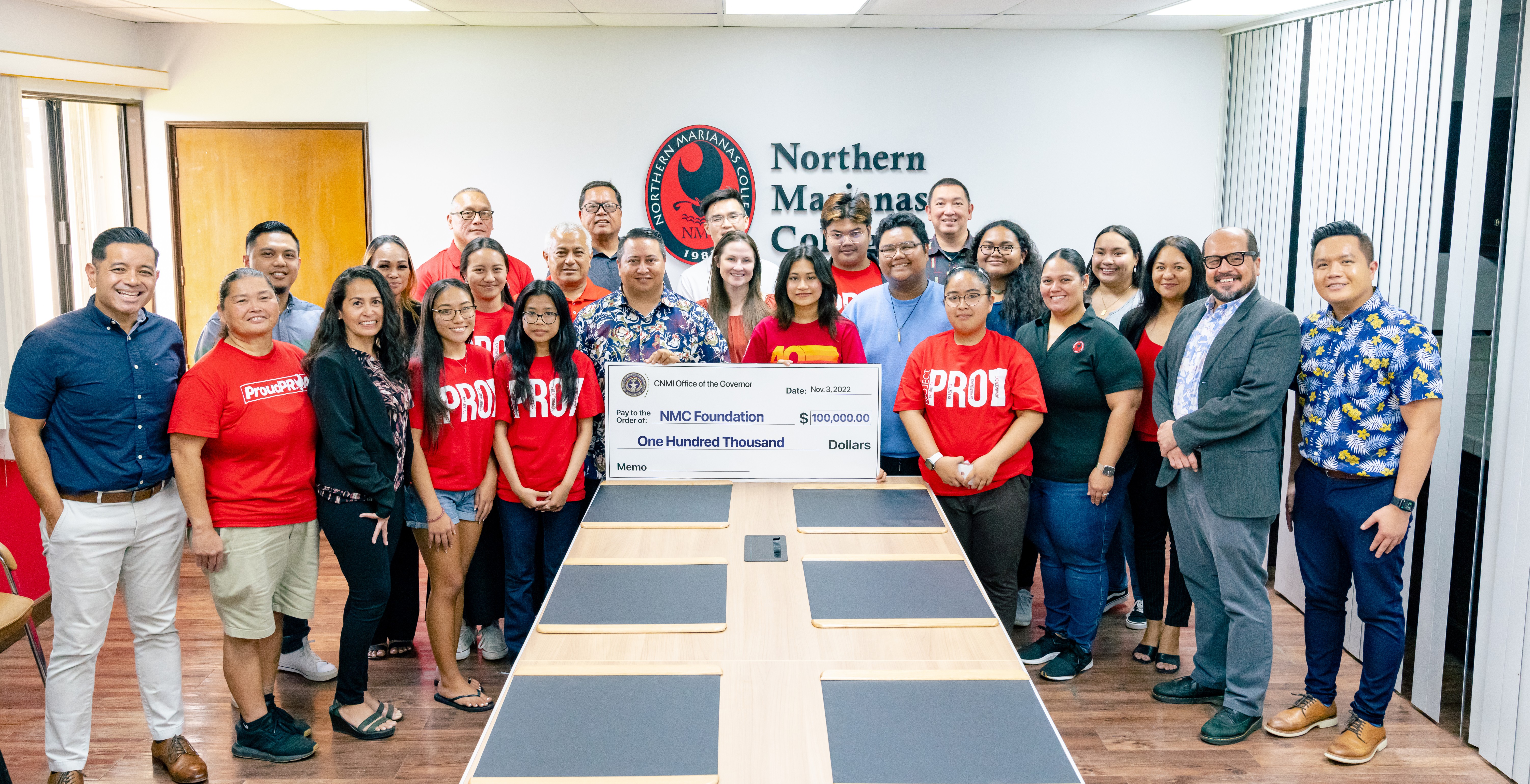 Gov. Ralph DLG Torres on Thursday donated $100,000 to the Northern Marianas College Foundation to fund scholarships for students. In photo with Torres are NMC President Galvin Deleon Guerrero, EdD, NMC Foundation Chair Ben Babauta, the NMC Regents, the NMC Foundation board members, Associated Students of NMC President Anushi Joshi and officers, as well as NMC faculty and staff.