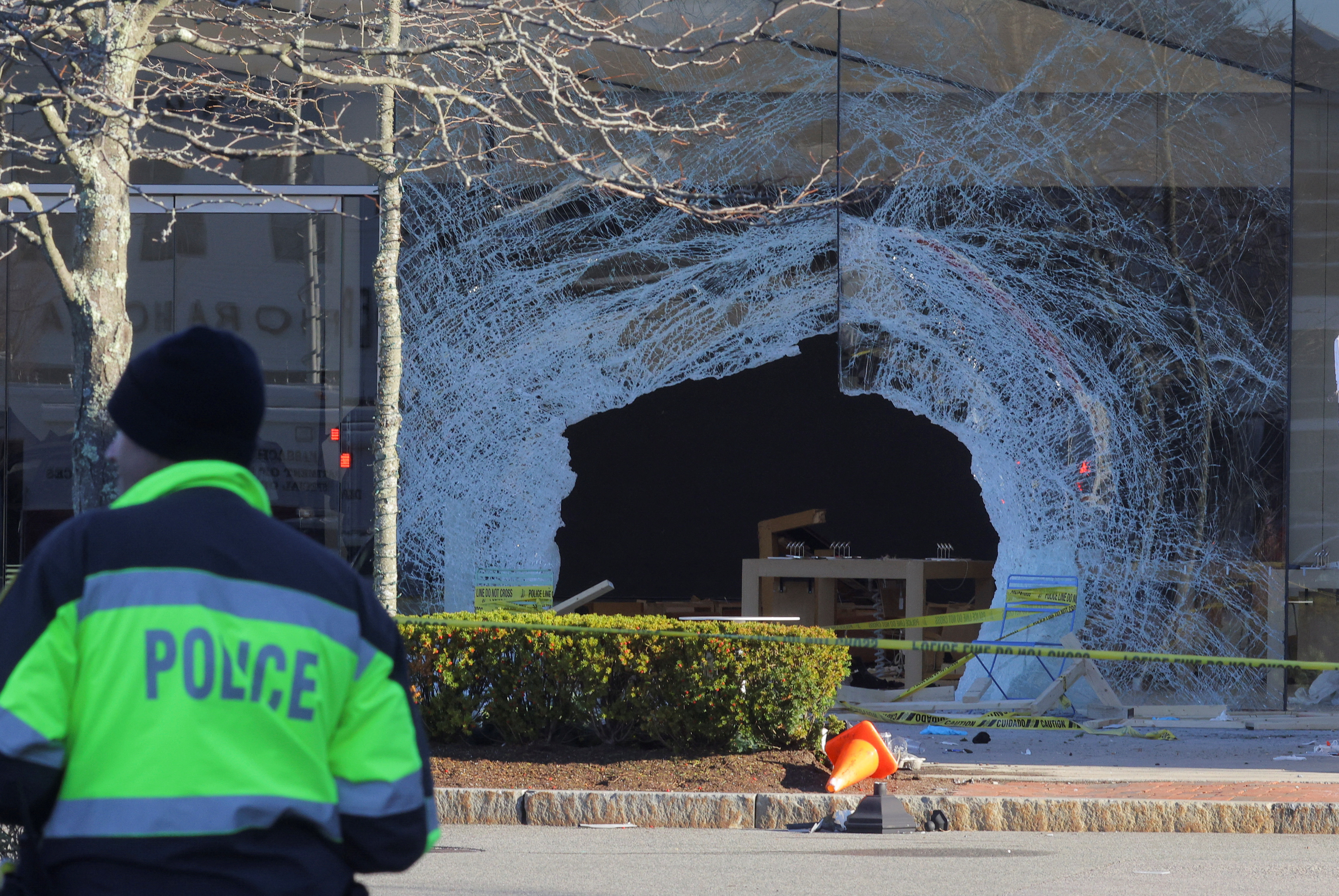 A view of the site where a vehicle crashed into an Apple store in Hingham, Massachusetts, Nov. 21, 2022.
