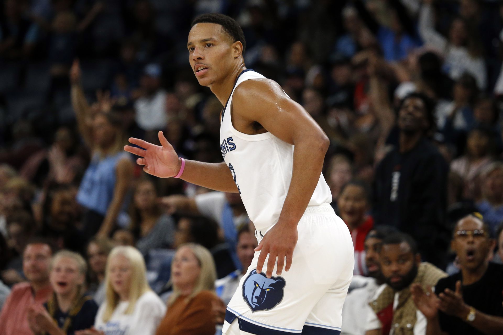 Memphis Grizzlies guard Desmond Bane (22) reacts after a three point basket during the second quarter against the Washington Wizards at FedExForum in Memphis, Tennessee, Nov. 6, 2022.